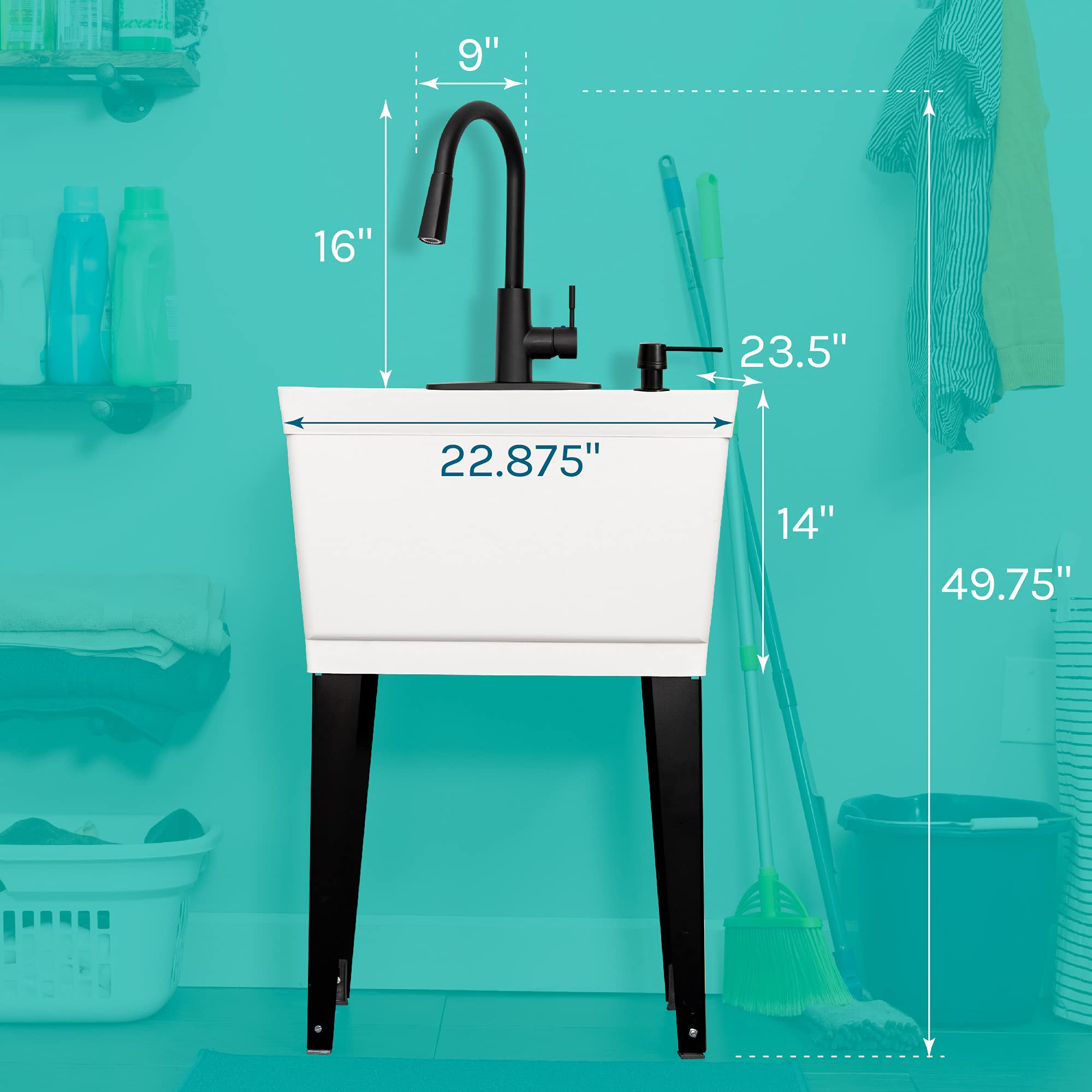 Utility Sink Laundry Tub With High Arc Black Faucet By VETTA JS Jackson - Pull Down Sprayer Spout  Heavy Duty Slop Sinks For Washing Room  Basement  Garage  or Shop  Free Standing Tubs Parent (White)