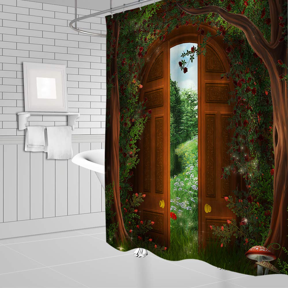 Jingjiji Green Forest Fantasy Shower Curtain Garden Wooden Door Garden Tree House Fairy Tale World Natural Scenery Bathroom Poly