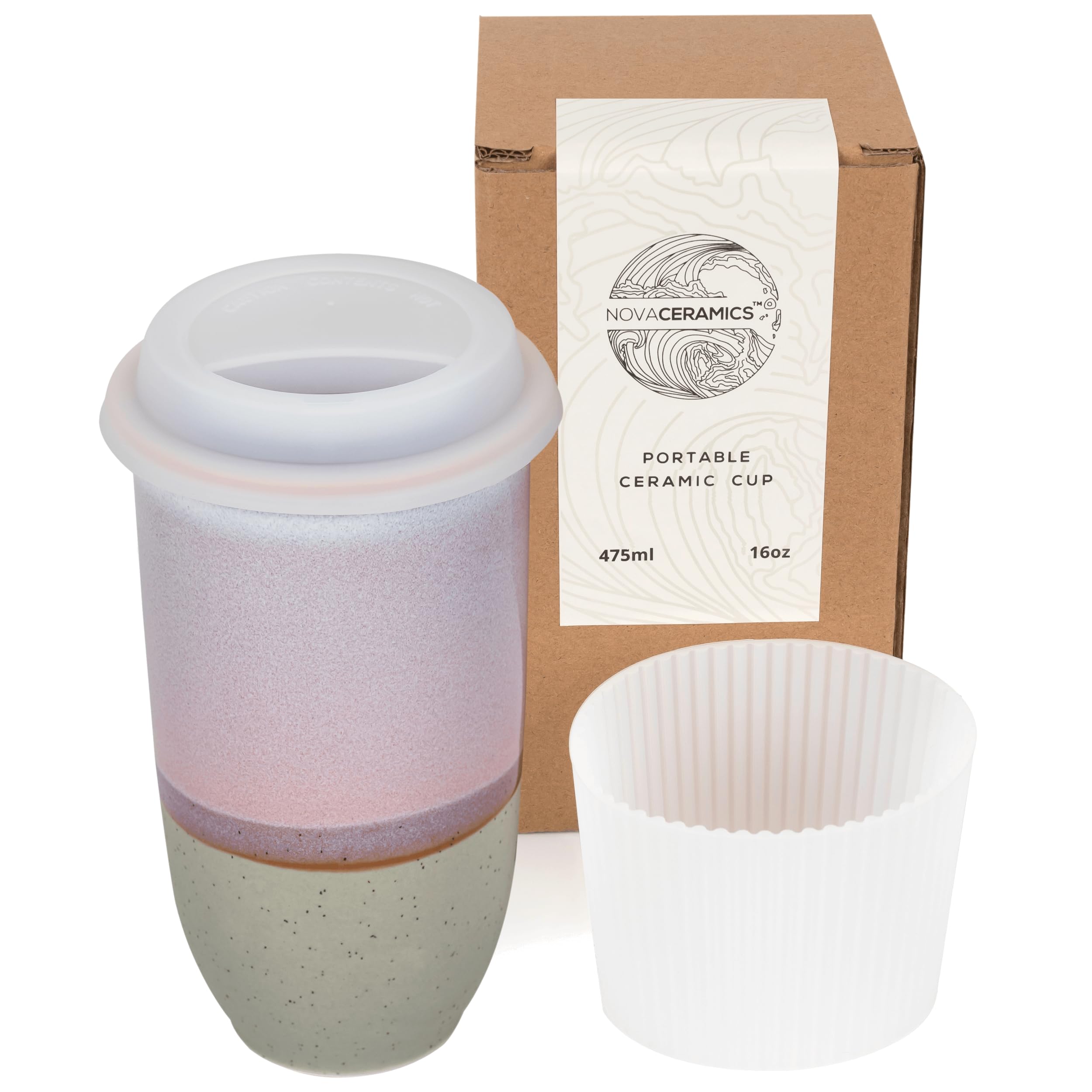 NOVA CERAMICS Coffee Travel Mug - Reusable To Go Mug - Microwave & Dishwasher Safe White & Purple Tumbler - Gifts For Women Men 