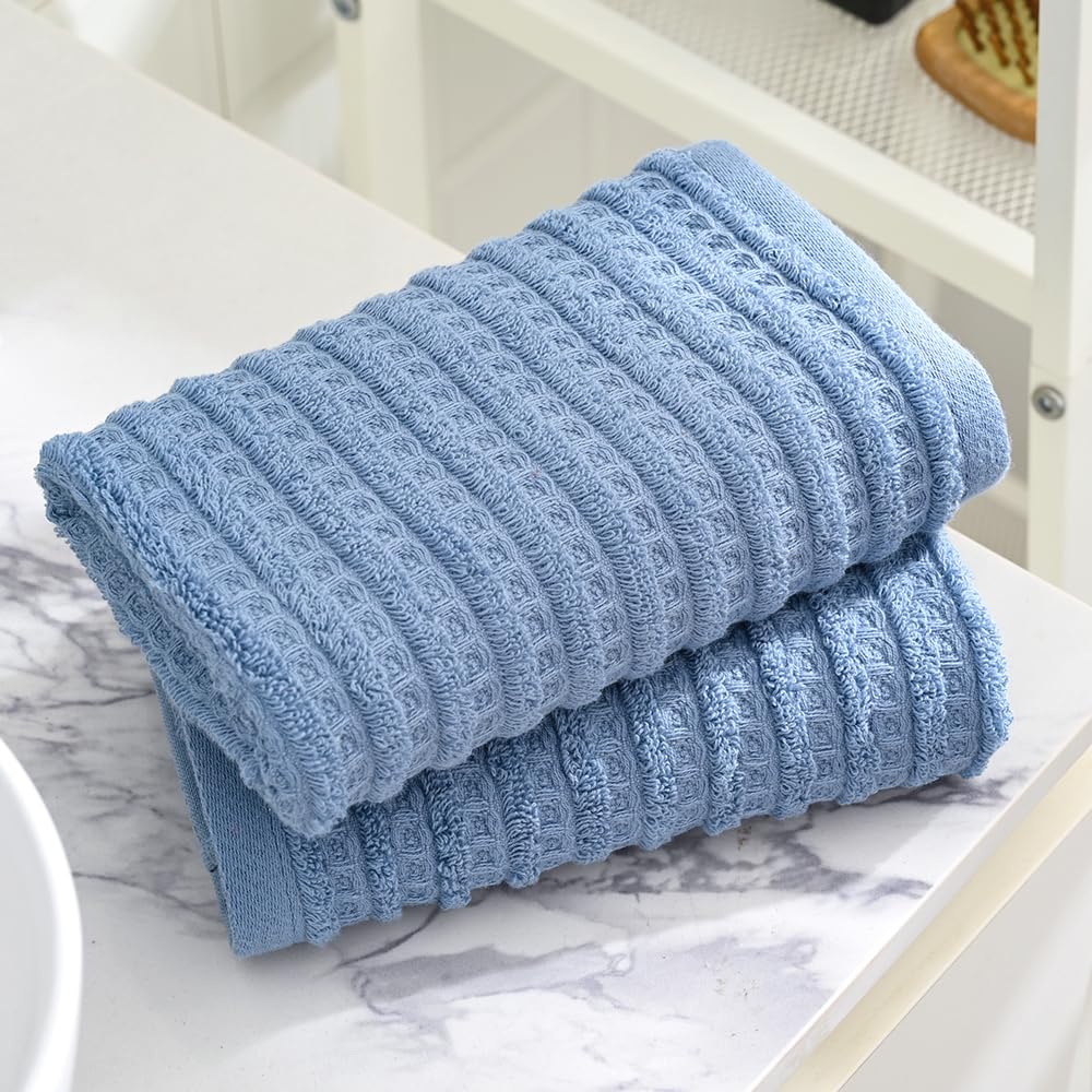 Sense Gnosis Blue Hand Towel Set Of 2 Ultra Soft 100% Cotton Waffle Terry Striped Absorbent Lightweight Fast Drying Decorative H