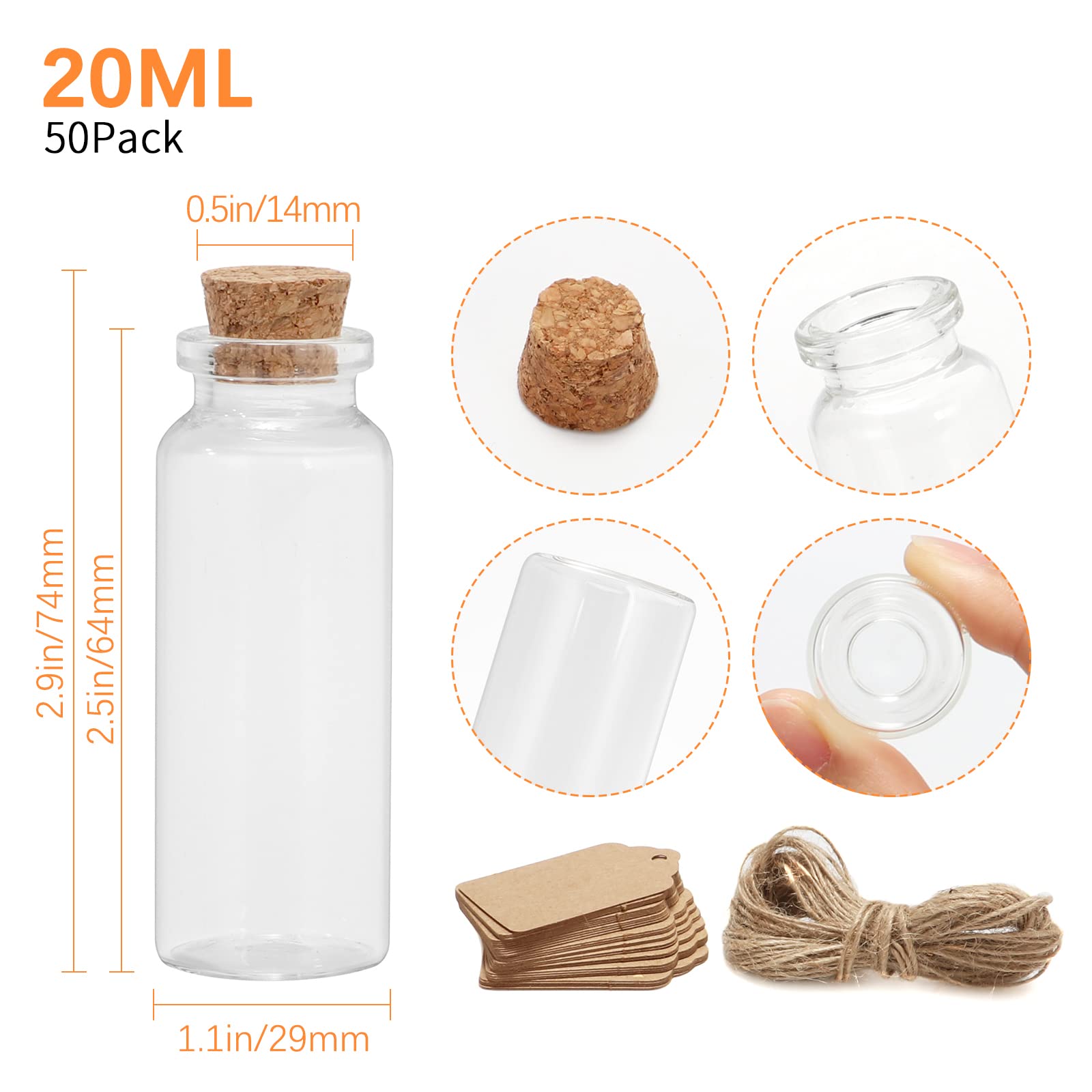 50 Pcs 20ml Mini Glass Bottles with Cork Stoppers, 29x64mm DIY Decoration Tiny Glass Jars, Mini Vials Cork, Message Wishing Bott