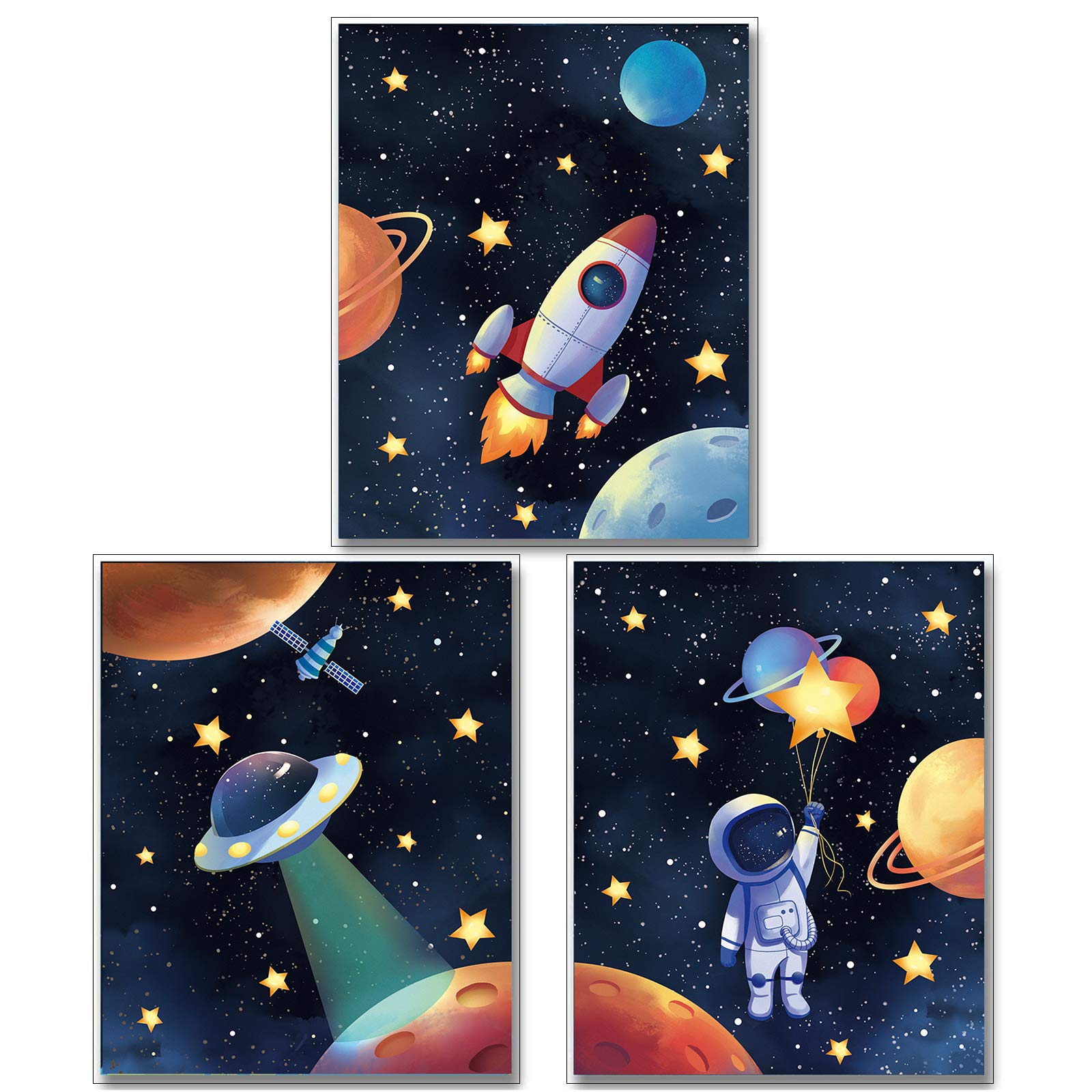 Mwoot Space Astronaut Canvas Poster For Boys Bedroom Wall Decor, 3Pcs3 Kids Children Playroom Wall Art Print (30X40Cm), Solar Sy