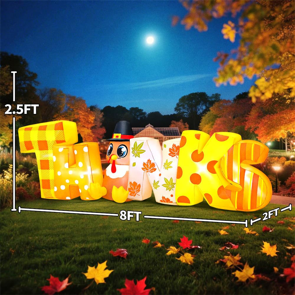 KOOY 8FT Thanksgiving Inflatables Decorations Blow Up Turkey with Thanks Letter Built-in LED Lights for Thanksgiving Festival Au