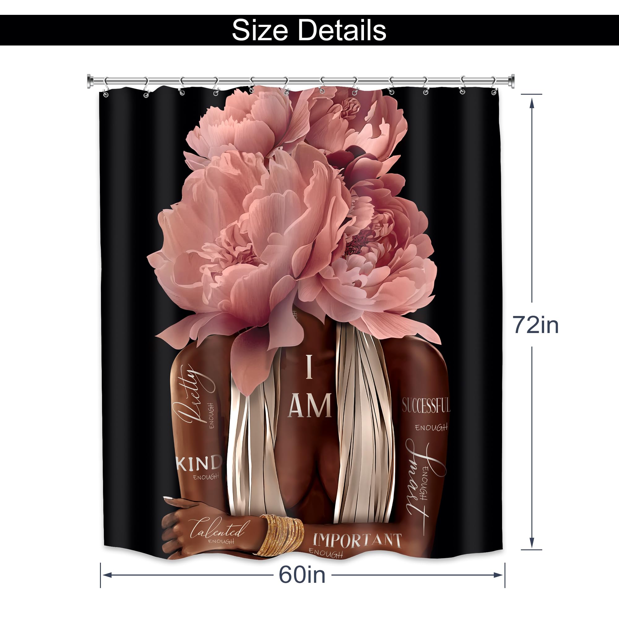 Meshelly Pink Black Girl Shower Curtain 60Wx72H Black Woman Peony Floral Quotes Bathroom Curtain Set African American Bath Curta