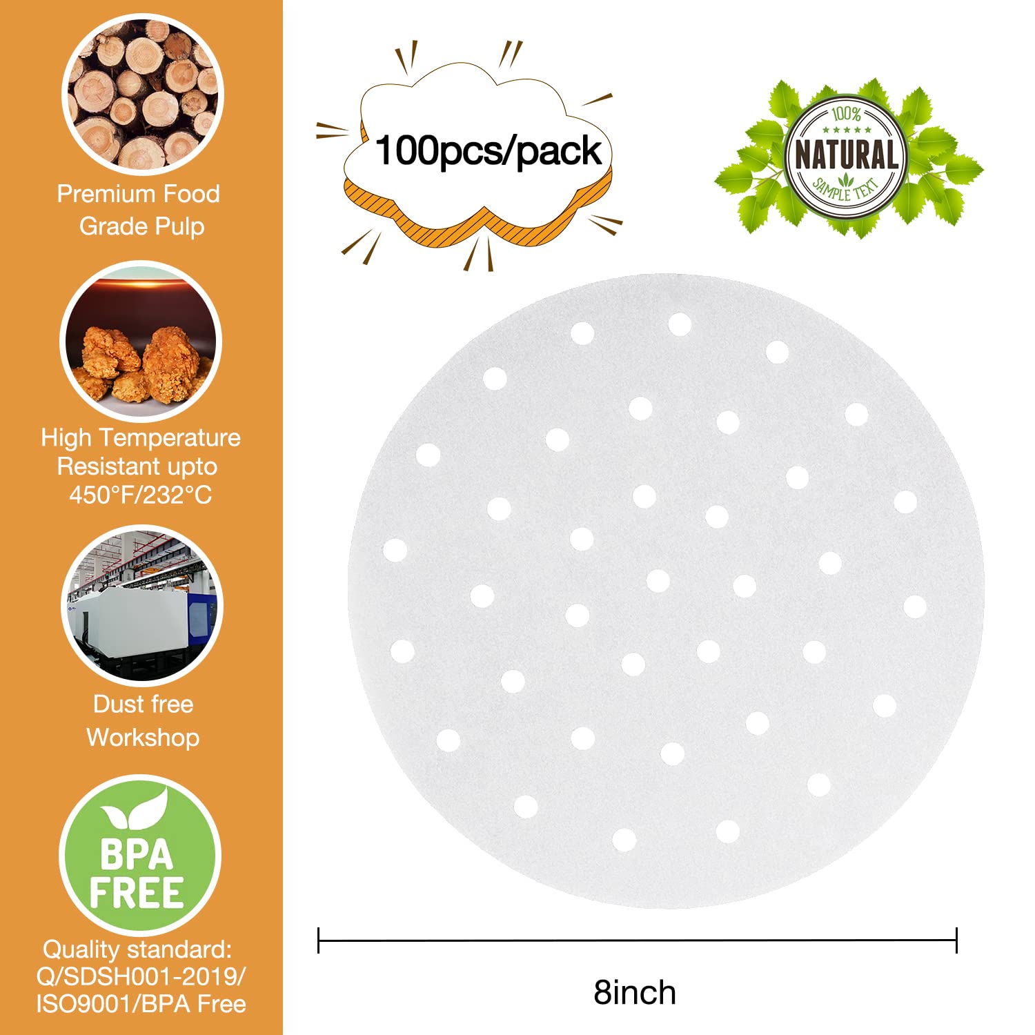 Scove 100Pcs Air Fryer Parchment Paper, 8 Inch Disposable Air Fryer Liners For Steaming Basket, Oven, Cooking, And Baking (White