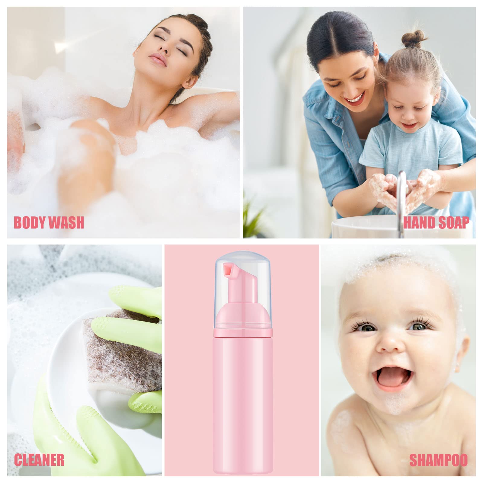 Lil Ray 2 Oz Empty Pink Foam Pump Bottle, Travel Foamer Soap Dispenser For Lash Shampoo, Hand Soap, Foaming Cleaner(Pink Pump, 1