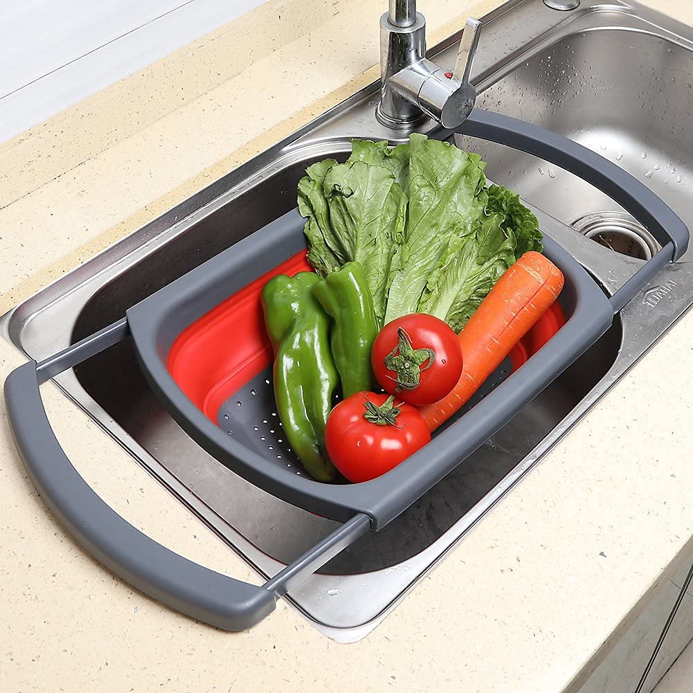 Collapsible Colander, Red Food Strainer Over The Sink Colanders Strainers With Extendable Handles, 6-Quart, Dishwasher-Safe Kitc
