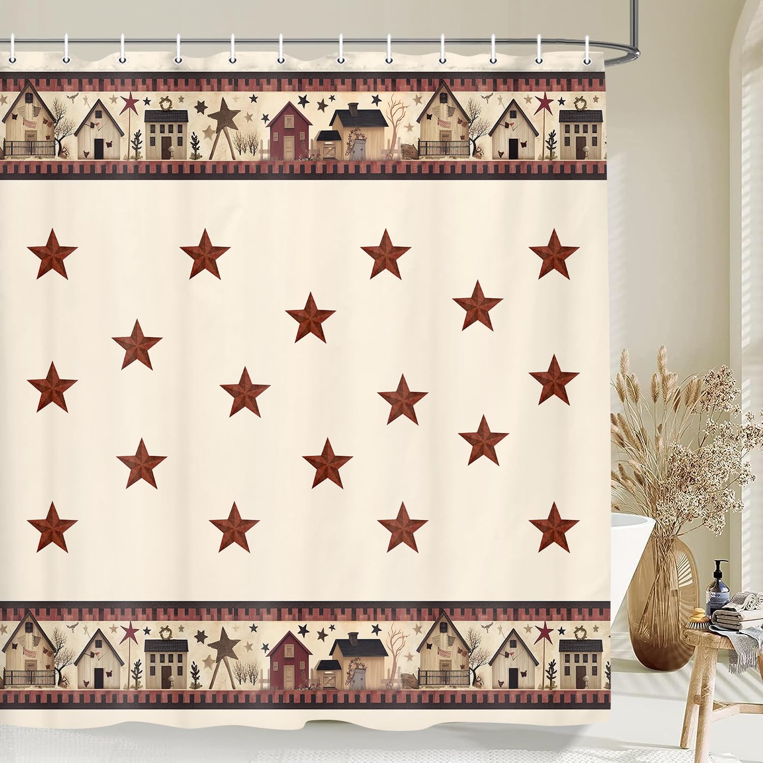 Jawo Rustic Country Shower Curtains, Primitive Barn Star Relax Bath Outhouse Christmas Farmhouse Shower Curtain For Bathroom Dec