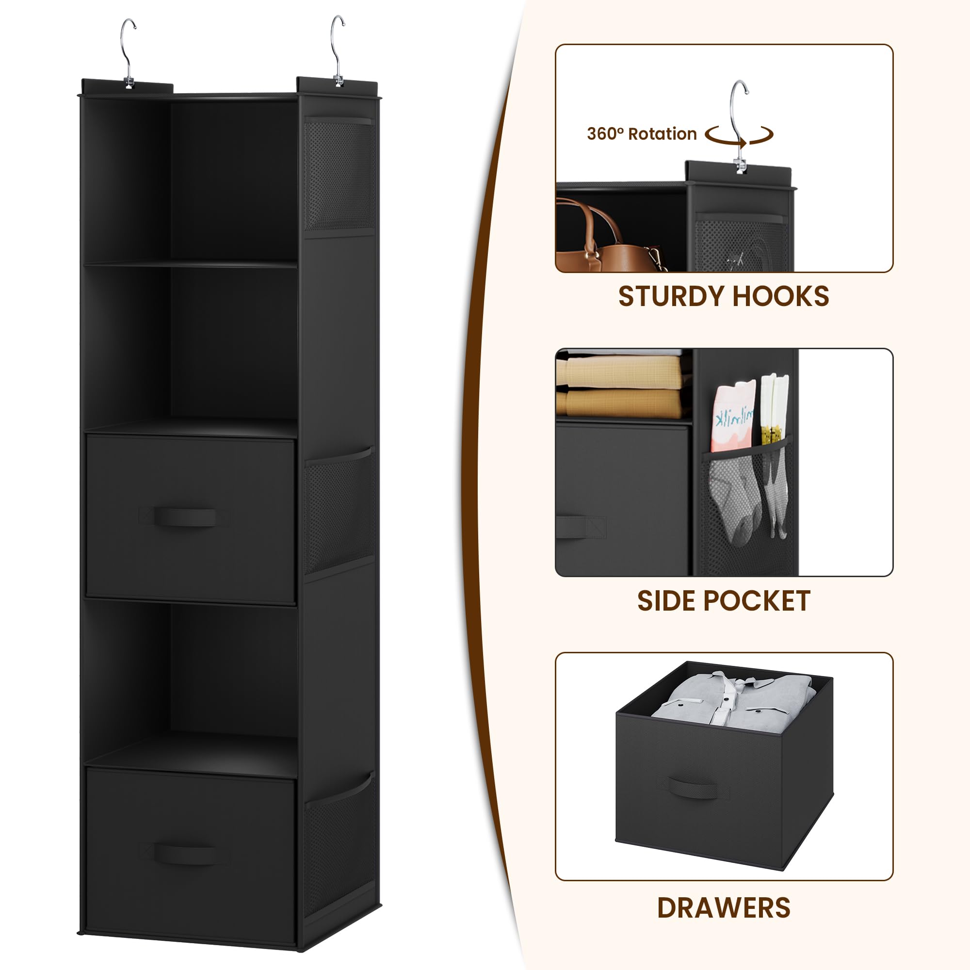 Youdenova Hanging Closet Organizer, 5 Tier Hanging Closet Shelves With Drawers And 6 Side Pockets, Black