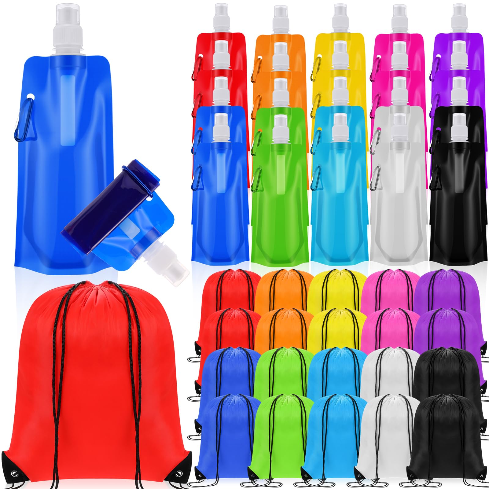 40 Pcs 16 oz Collapsible Water Bottles Bulk and Drawstring Backpack Set