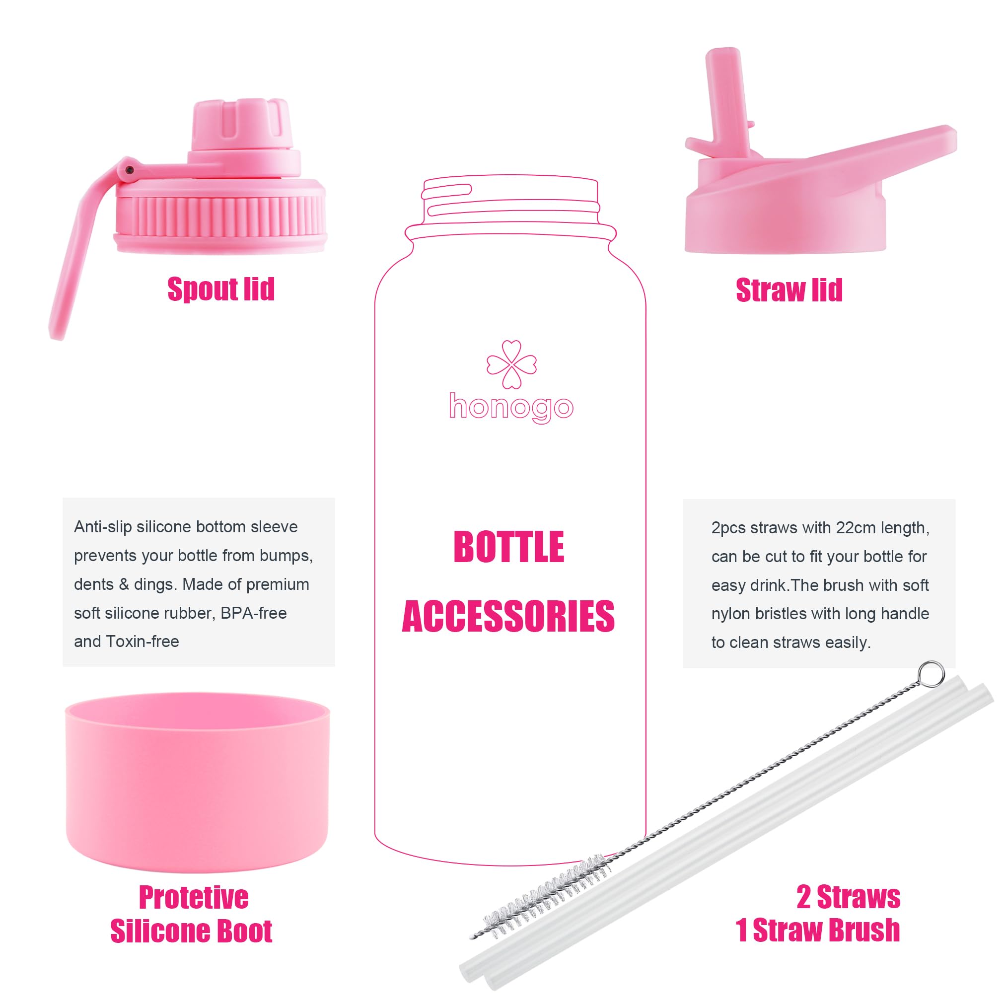 honogo 32 oz Powder Coated Double Wall Vacuum Insulated Sports Water Bottle  18/8 Stainless Steel Wide Mouth Thermos Flask with Straw Lid & Spout Lid  Leak Proof  Sweat Free  BPA Free (Pink  32 oz)