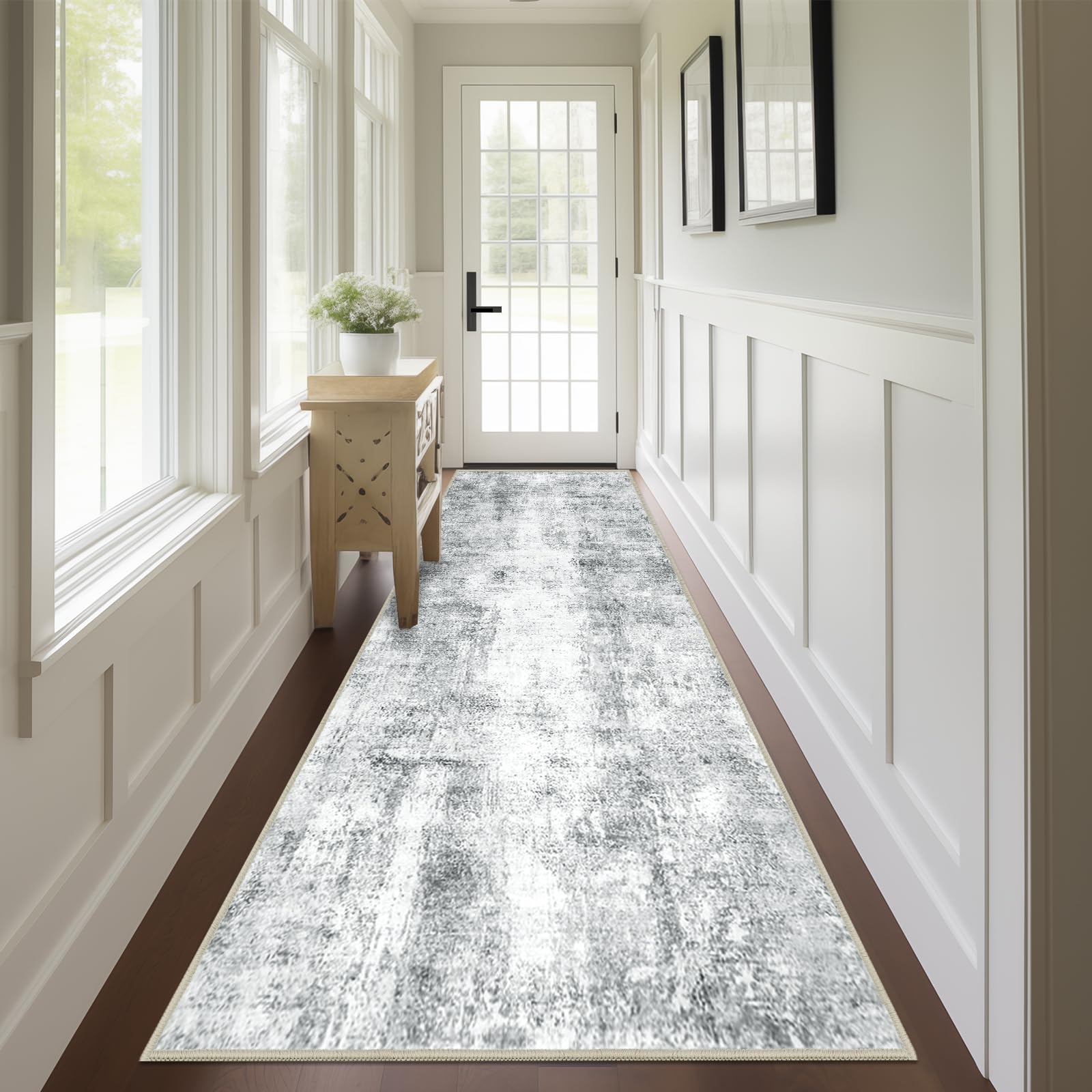 Capslpad Abstract Washable Runner Rug, 2x10 Grey Non-Slip Hallway Runner Rug, Modern Low Pile Kitchen Runner Rug, Ultra Soft Pri