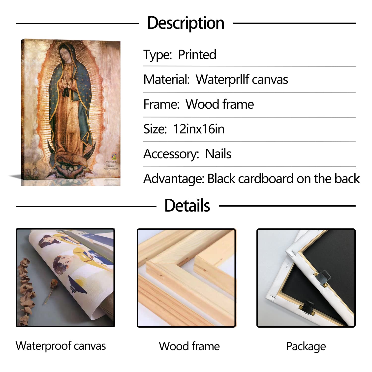 Mexico Our Lady Of Guadalupe Portrait Canvas Wall Art Decor Religious Catholic Poster Prints Picture For Altar Living Room Bedro
