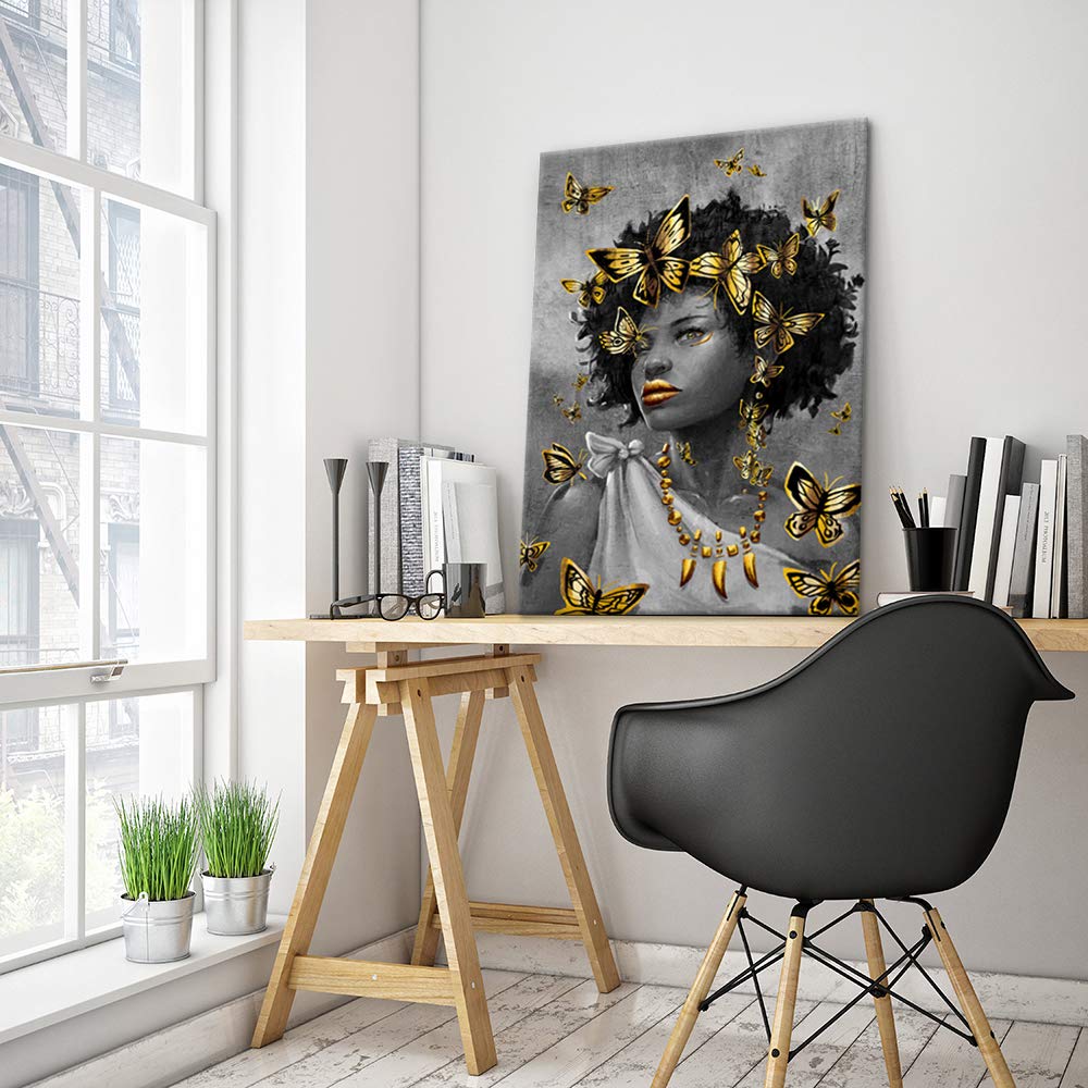 Ihappywall Large African American Woman Wall Art Black And Gold Pretty Lady Butterfly Abstract Artwork For Girl Room Bedroom Liv