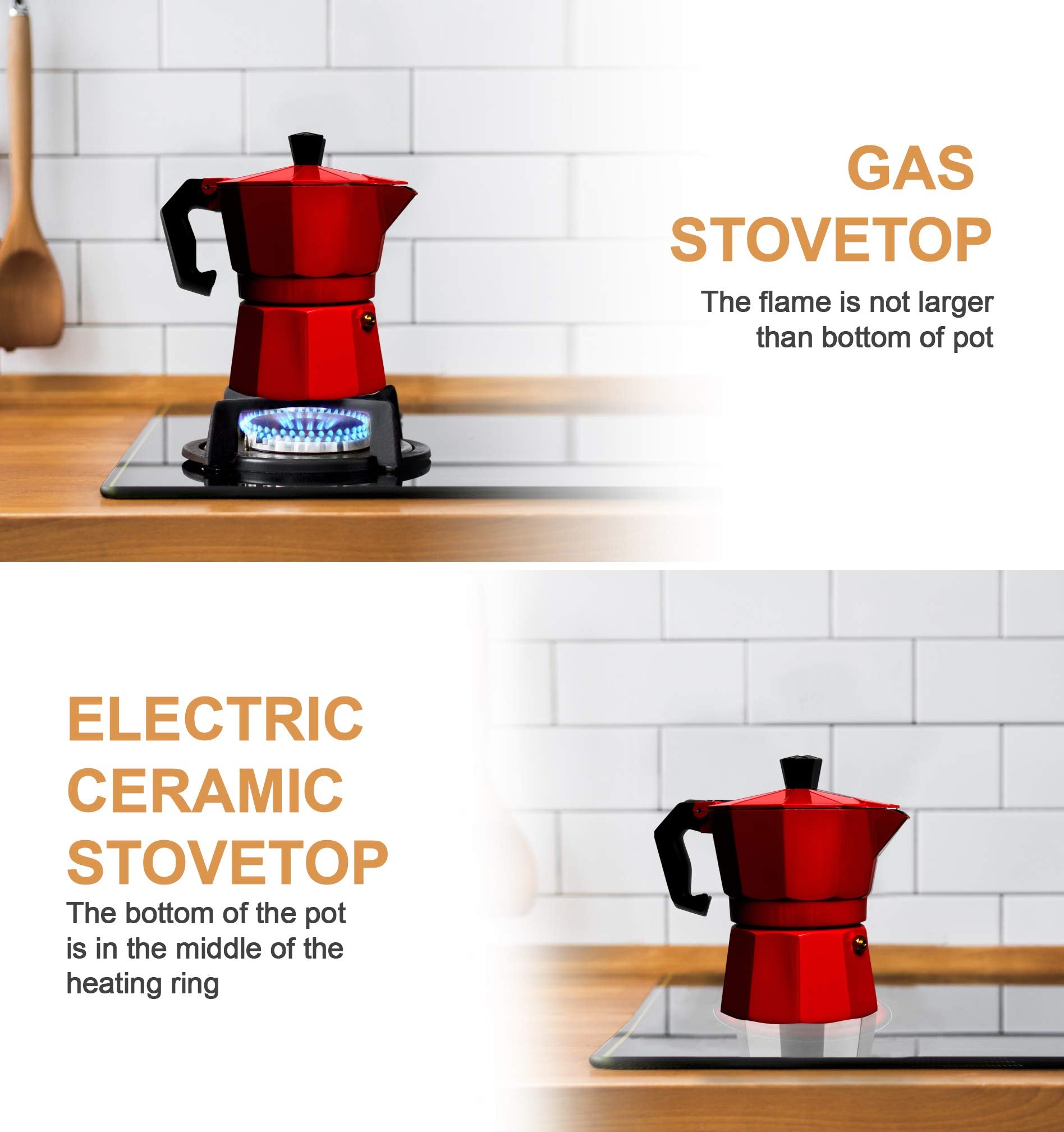 Mixpresso Aluminum Moka Stove Coffee Maker, Red Moka Pot Coffee Maker For Gas & Electric Stove Top, Classic Italian Coffee Maker