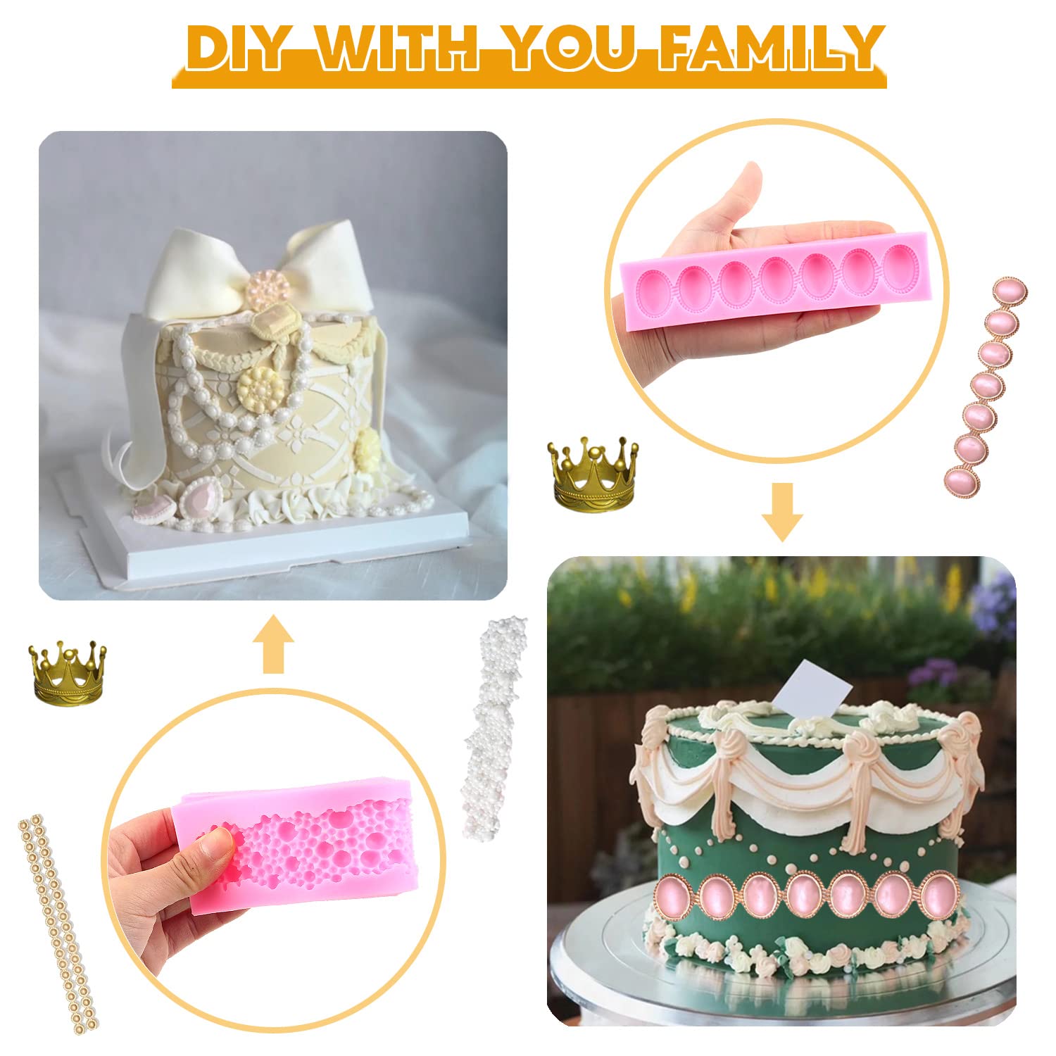 Mypracs Pearl Fondant Molds Round Pearl Chain Silicone Mold Pearls Bubbles Mold Crown Mold For Cake Decorating Cupcake Topper Ca
