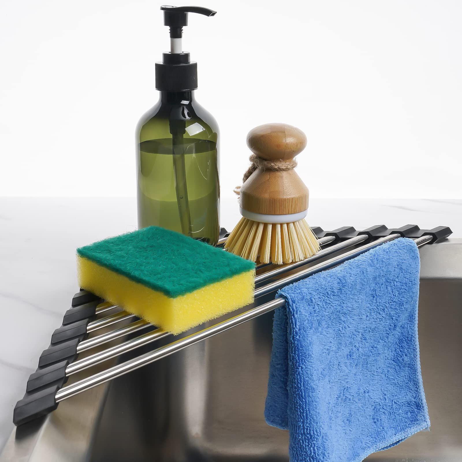 Tomorotec Foldable Stainless Steel Triangle Roll-Up Dish Drying Rack for Small Sink Corners - Over-The-Sink Multipurpose Kitchen