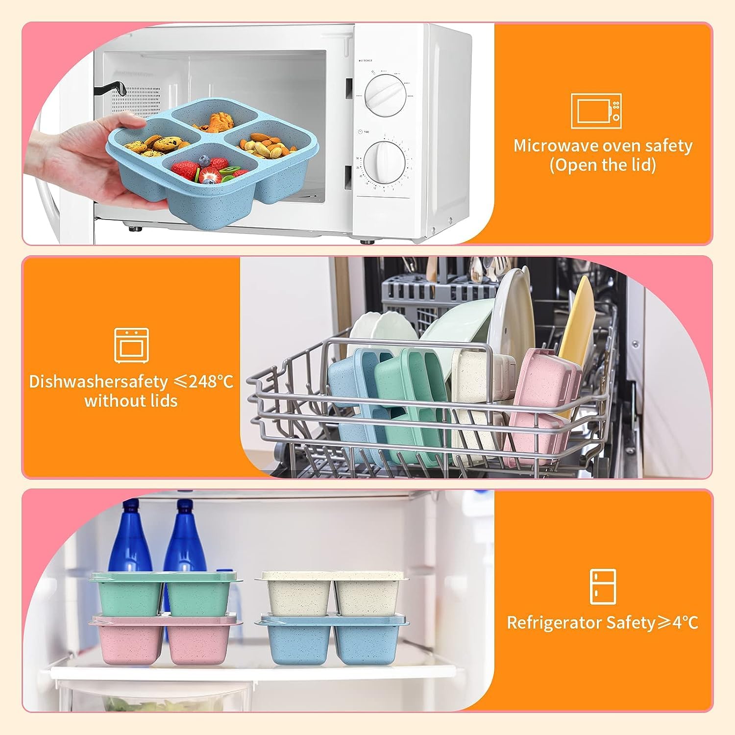 Cigenbon Bento Snack Boxes 4 Pack, Reusable Bento Boxes Kids With 4 Compartments & Fork, Lunch Snack Containers For Kids Adults,