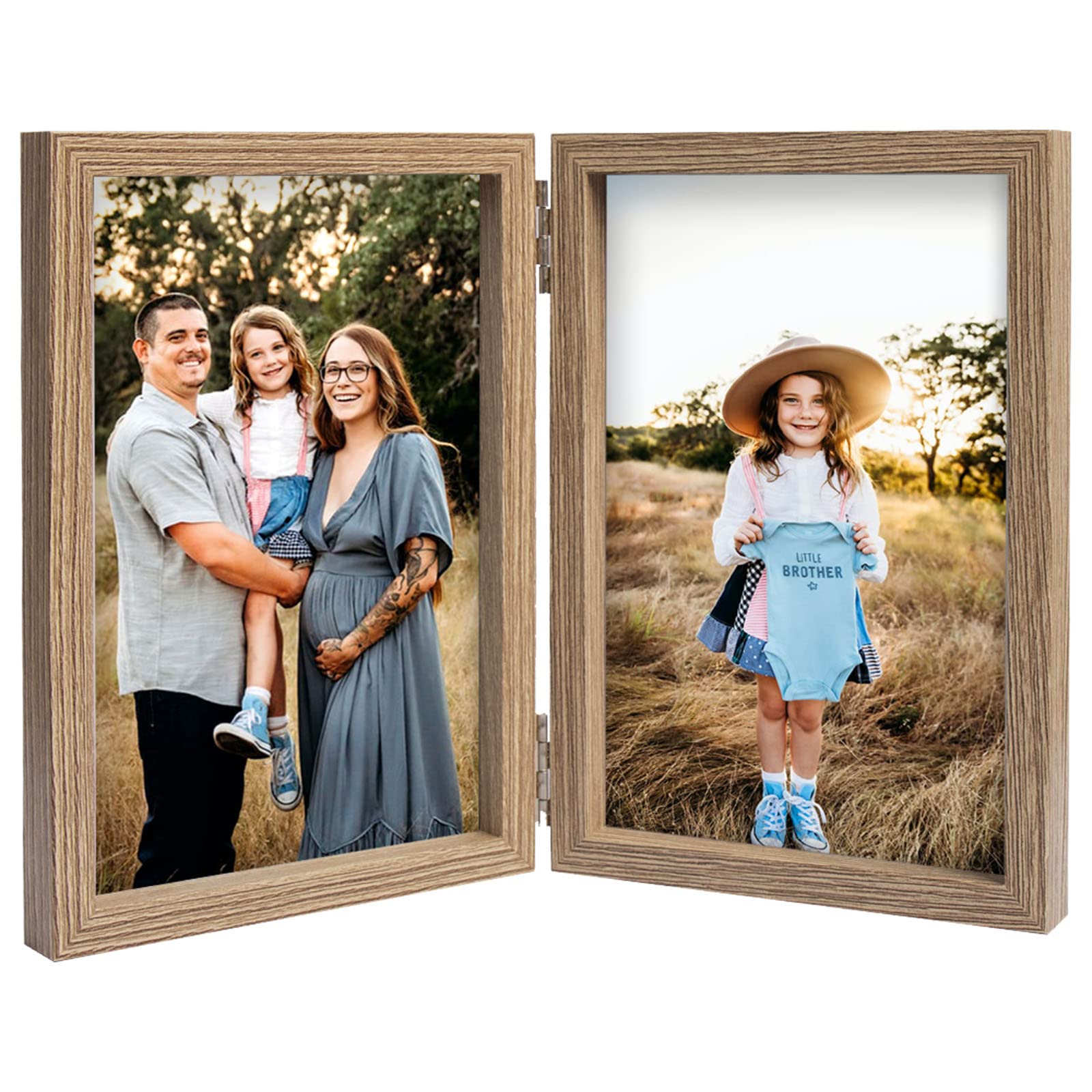 AVEAX Double 4x6 Picture Frame Hinged Folding Photo Frame with Glass Front Vertical Frame on Desktop, Wood Grain