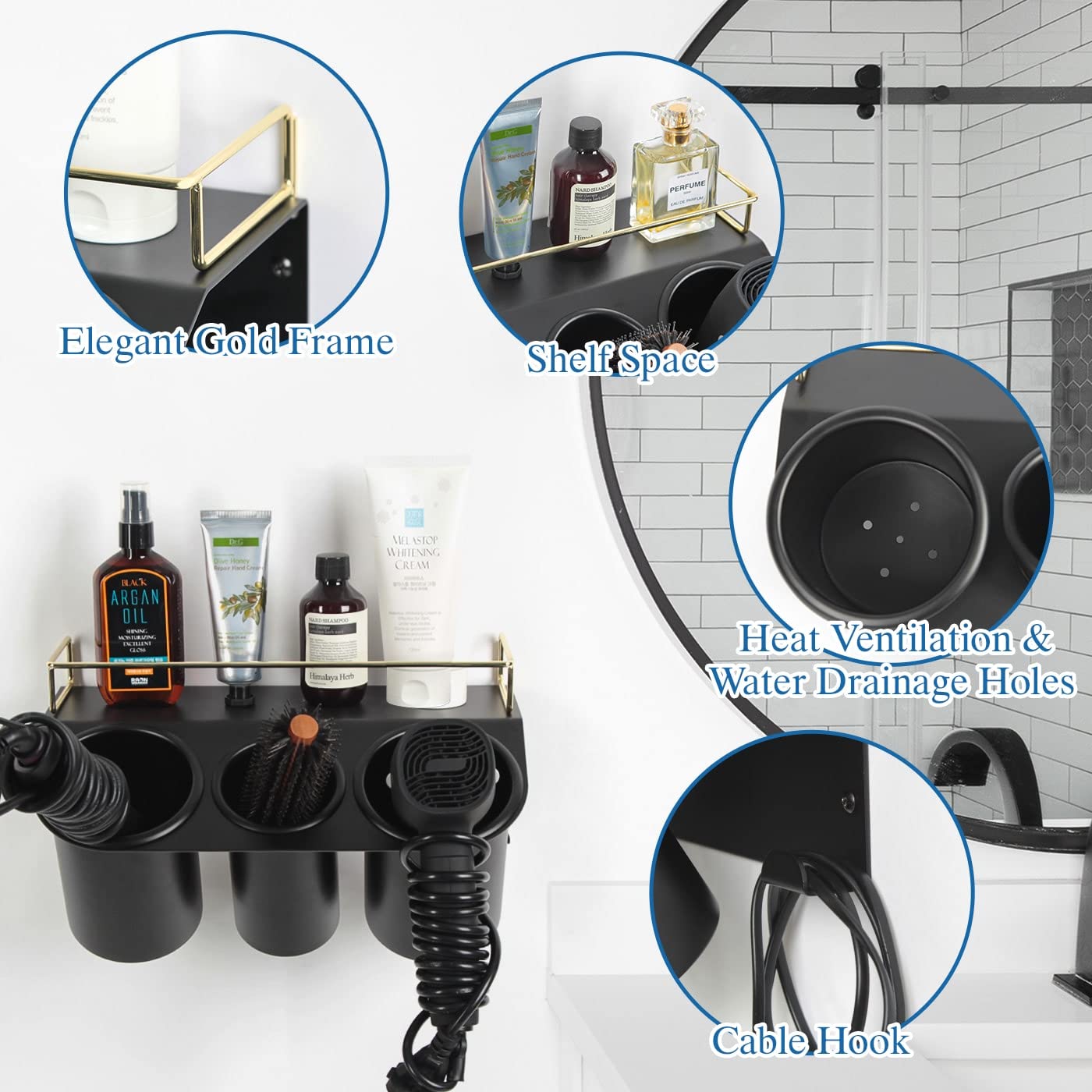 J Jackcube Design Hair Dryer Holder Wall Mount Bathroom Vanity Hair Styling Care Tool Accessories 3 Cups Storage Organizer Caddy
