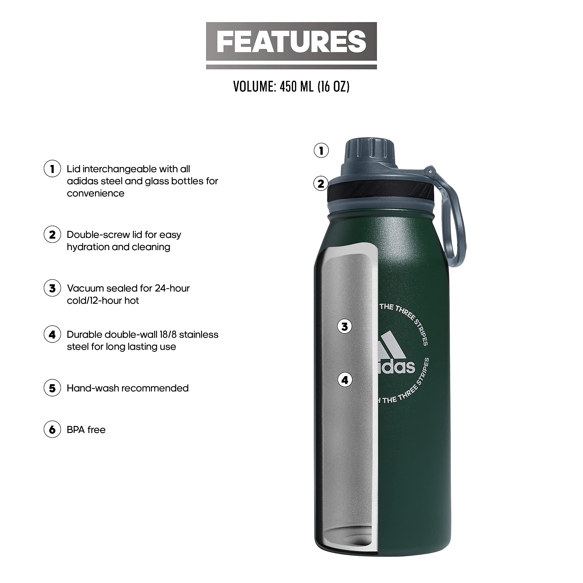 Adidas Unisex 1 Liter (32 Oz) Metal Water Bottle, Green Oxide/Onix Grey/Silver Metallic, One Size