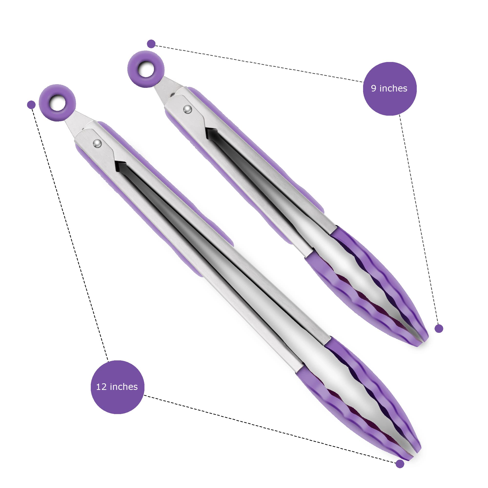 Set Of 2 Kitchen Tongs 9-Inch & 12-Inch, Premium Stainless Steel Bpa Free Silicone Non-Stick Grilling Barbeque Cooking Locking F