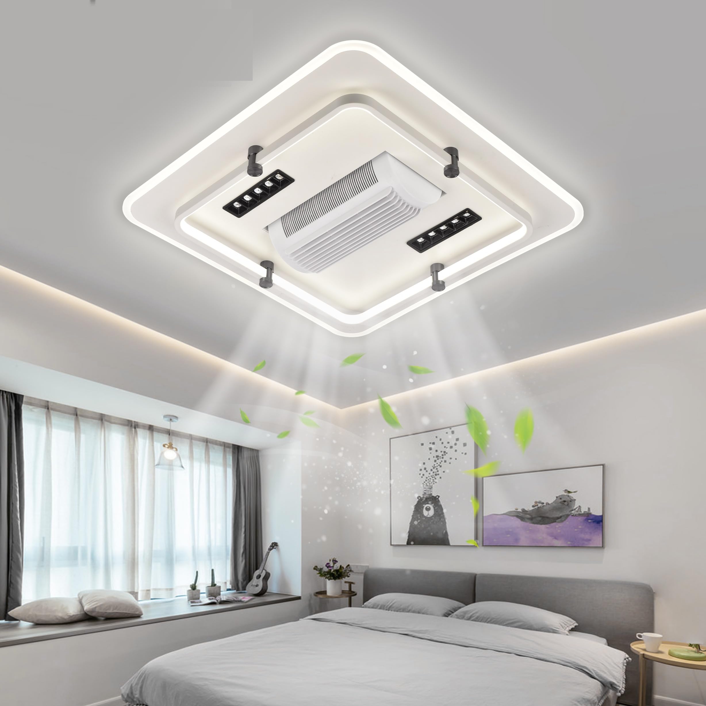 Qawachh Voice Commmand Square Ceiling Fan Light Stealth Chandelier With Remote Control Led Fan Dimmable ThreeColor Dimming Led 