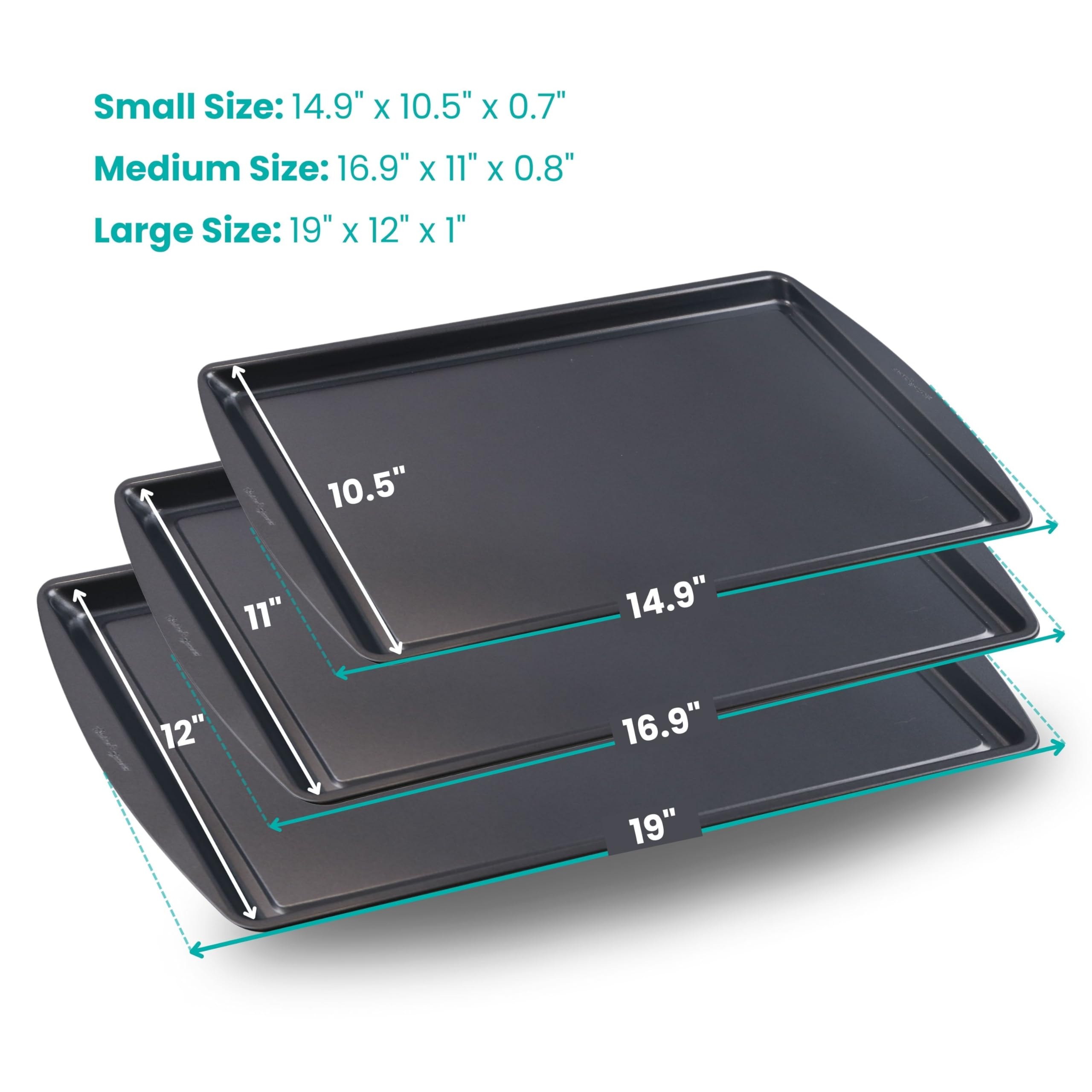 Baker'S Secret Set Of 3 Cookie Sheets, 15'' 17'' 19'', Nonstick Coating For Easy Release, Cookie Trays For Baking Roasting Cooki