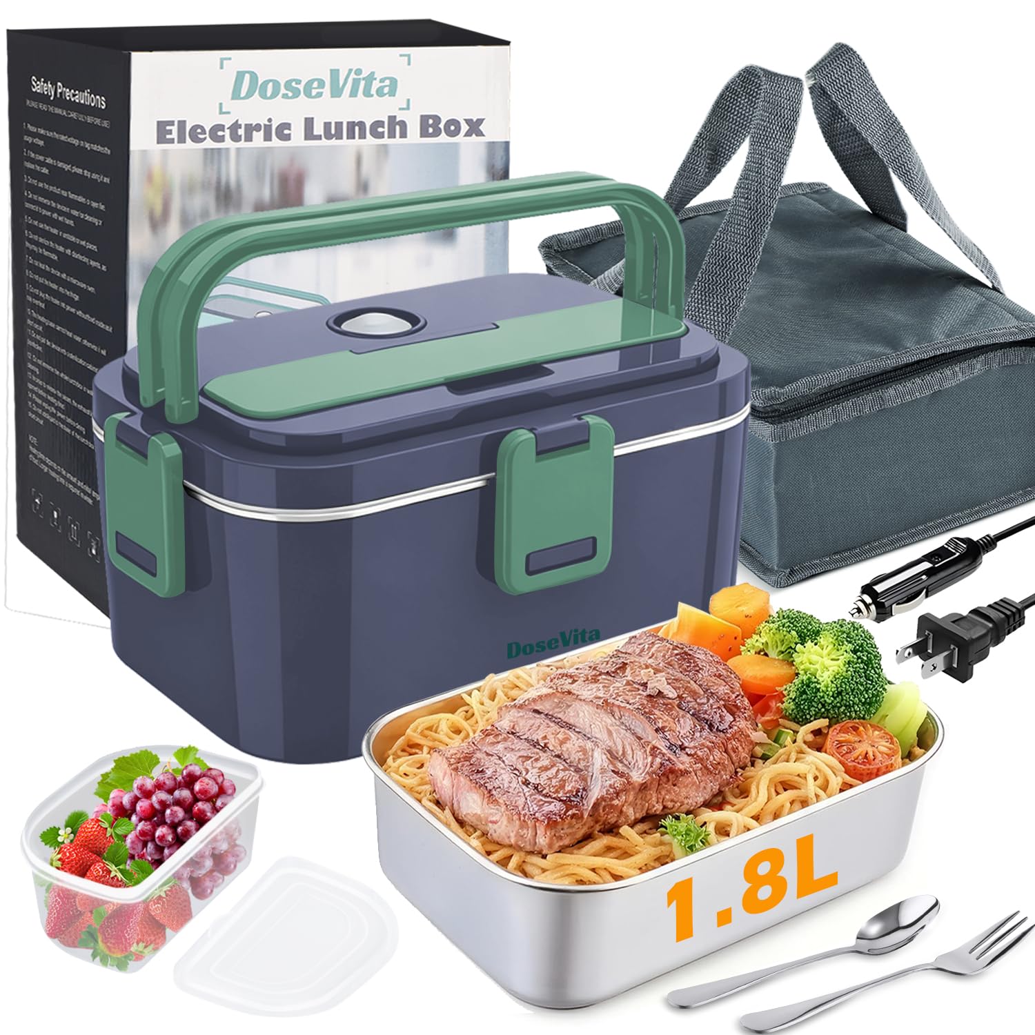 Dosevita Electric Lunch Box For Adults, 1.8 Large Heated Lunch Box, Faster Heating 3 In 1 Lunch Box Warmer Portable For Work/Car