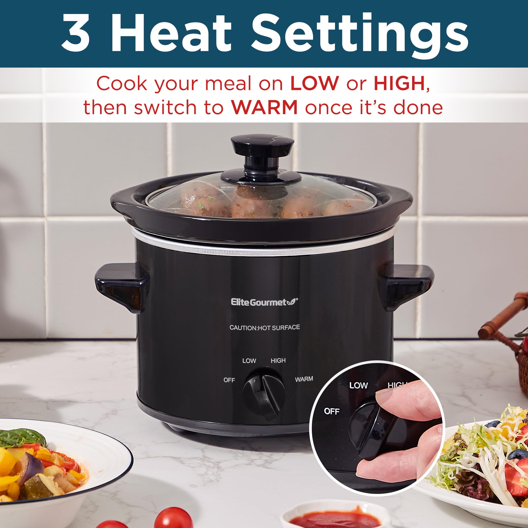 Elite Gourmet Mst239X Electric Round Slow Cooker, Adjustable Temp, Entrees, Sauces, Stews & Dips, Dishwasher Safe Glass Lid & Cr
