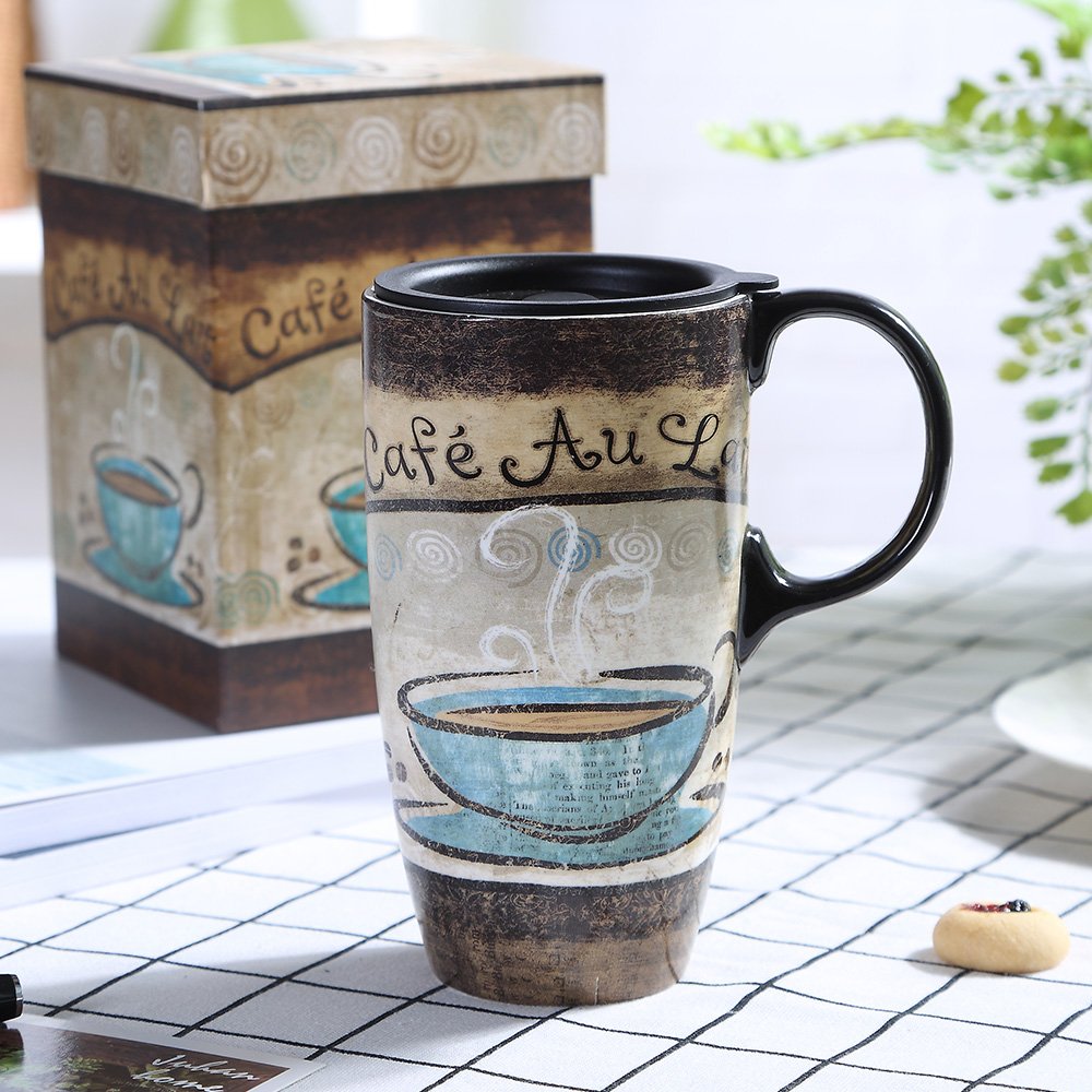 Topadorn Tall Ceramic Travel Mugs 17 Oz. Sealed Lid With Color Box And Handle Coffee Cup, Cafe