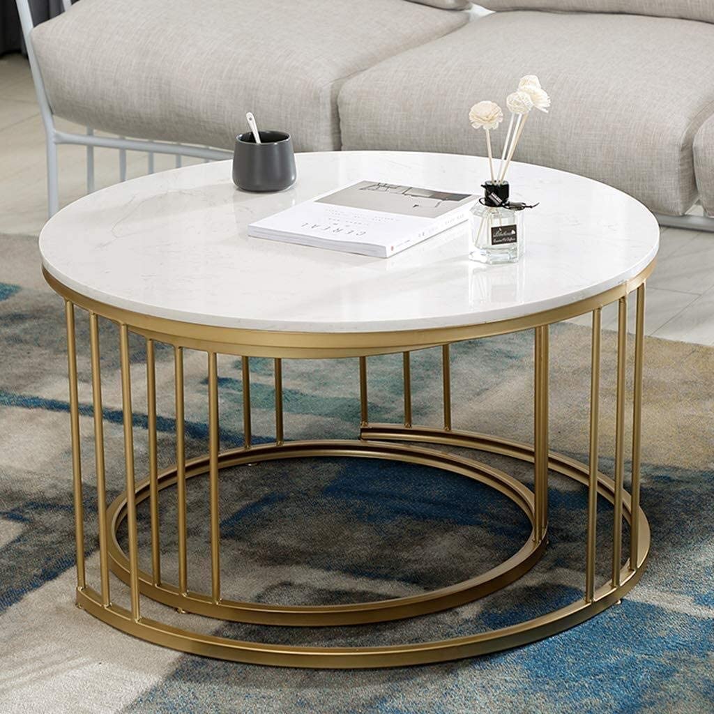 Aafiya Handicrafts Round Coffee Table/Sofa Table/Center Table With Waterproof Marble Finish Wooden Top 21X21 Inches (Golden & Wh