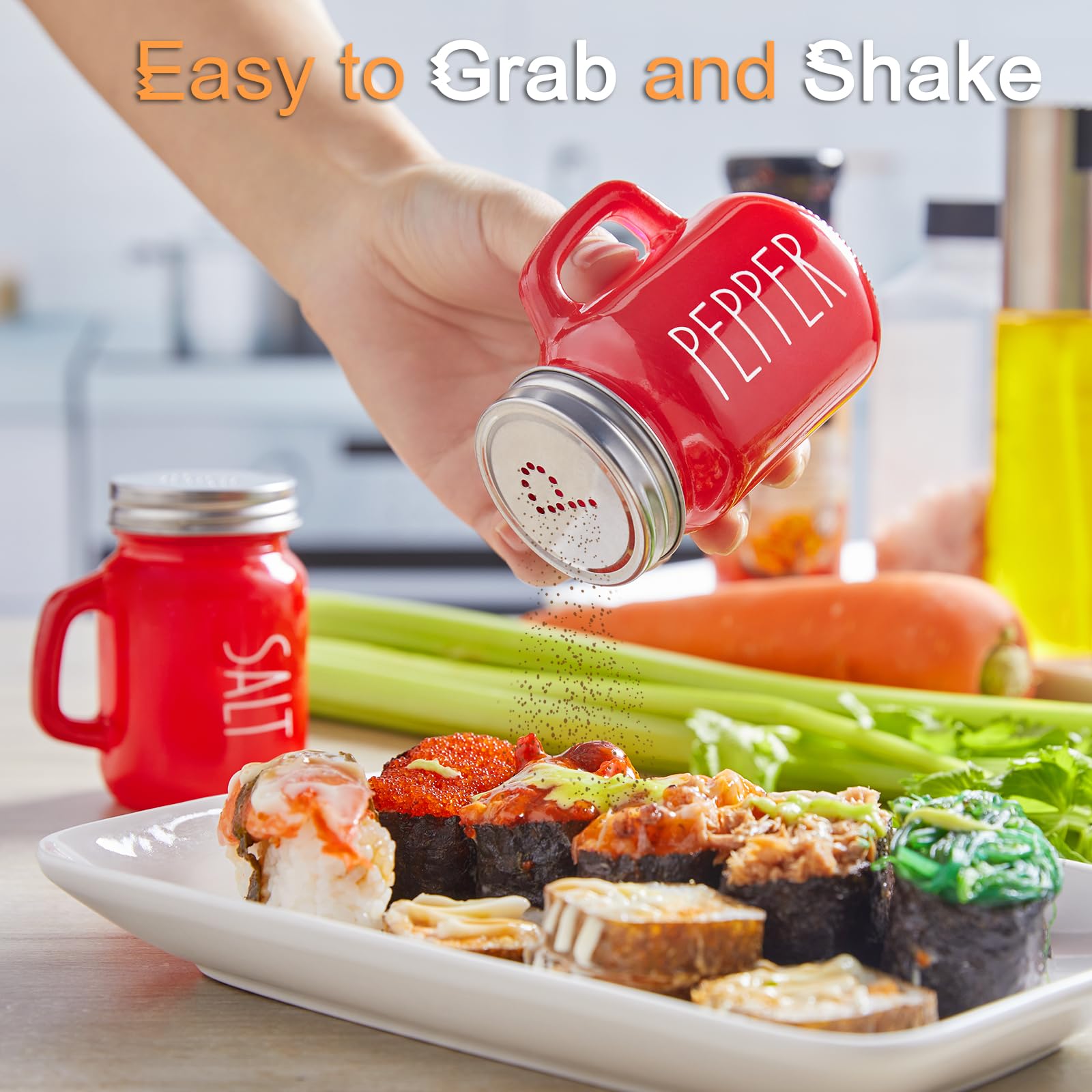 Red Salt And Pepper Shakers Set, Zosujo 4 Oz Cute Modern Glass Christmas Red Shaker Sets With Stainless Steel Lids, Red Kitchen