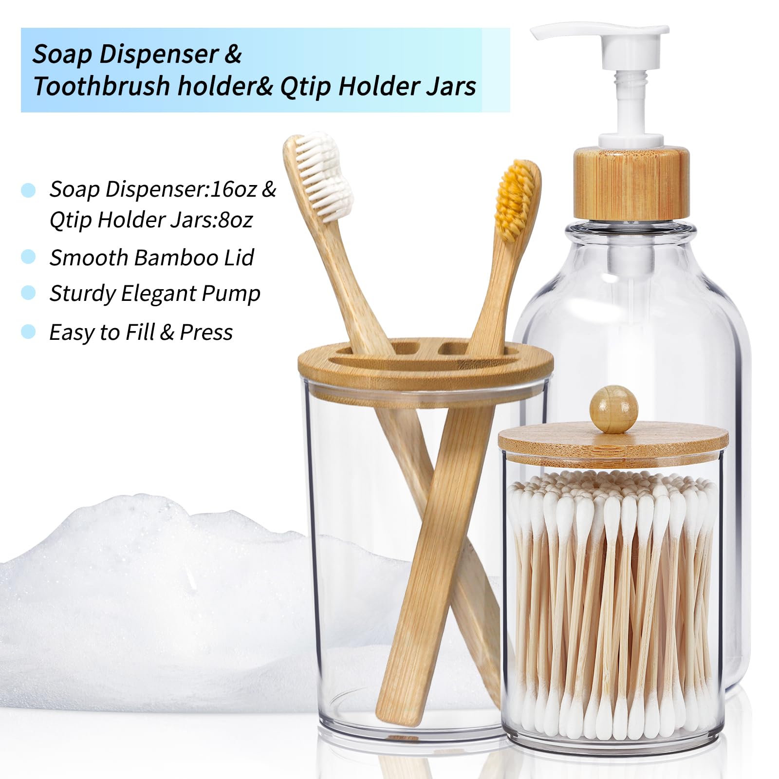 Sghuo 4Pcs Boho Bathroom Decor, Bamboo Bathroom Container Accessories Set, Soap Dispenser, Toothbrush Holder, 2 Qtip Holder Jars