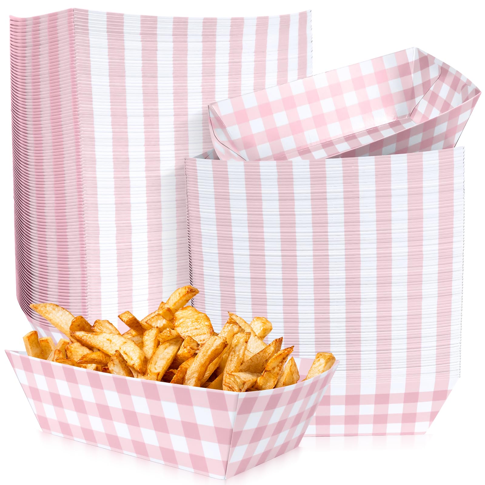 100 Pcs Pink Gingham Paper Food Trays, Pre-Folded Light Pink Checkered Disposable Food Boats for Hot Dogs, Fries, Nachos, Snacks