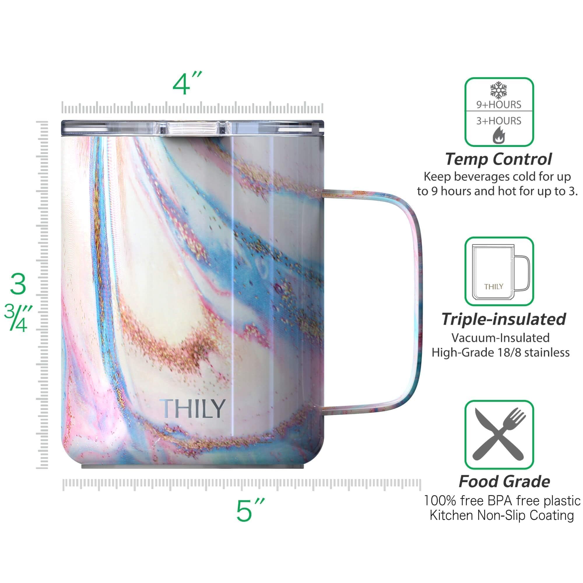 Thily Stainless Steel Insulated Coffee Mug 12 Oz Vacuum Insulated Coffee Cup With Handle, Spill-Proof Lid, Keep Coffee Cold, Pin