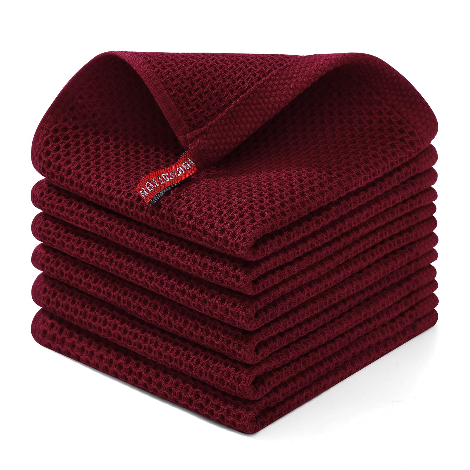 Homaxy 100% Cotton Waffle Weave Kitchen Dish Cloths, Ultra Soft Absorbent Quick Drying Dish Towels, 12 x 12 Inches, 6-Pack, Burg