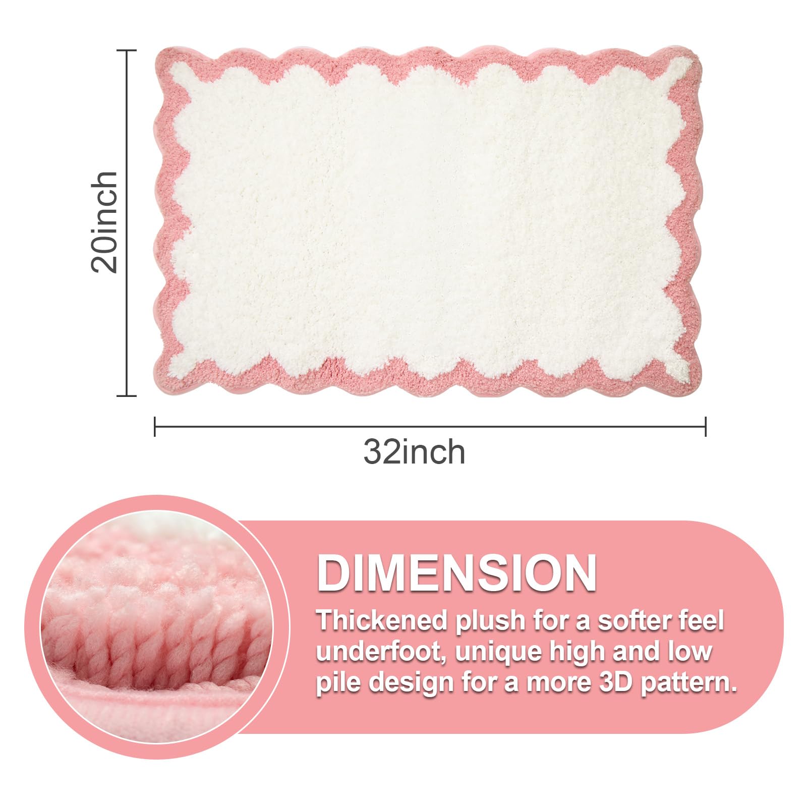Ortigia Cute Scalloped Bathroom Rugs Non Slip Washable, Quick Dry Absorbent Plush Microfiber Bath Mats, Fun White And Pink Bathm