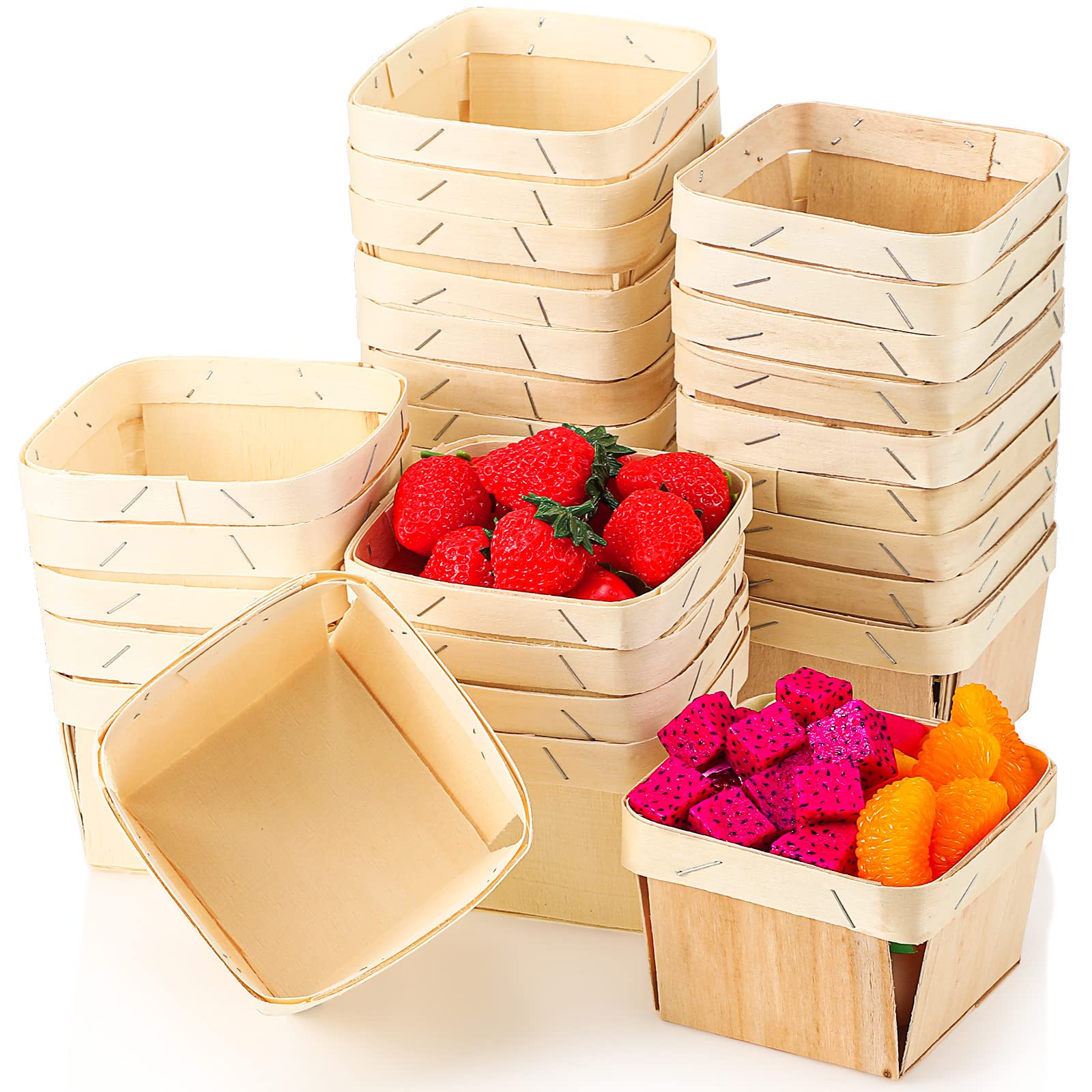Unittype 50 Pcs One Pint Wooden Gift Baskets Berry Basket Bulk Square Vented Boxes 4 Inch Small Baskets Container Picking Food S