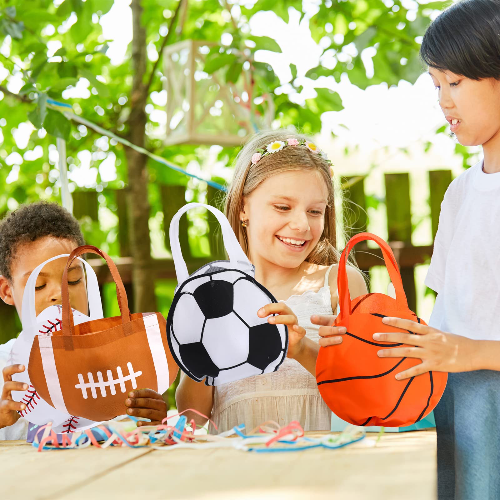 Shihanee 24 Pcs Sport Party Favor Bags Ball Themed Party Goody Candy Bags Sport Game Treat Handbags Baseball Football Basketball