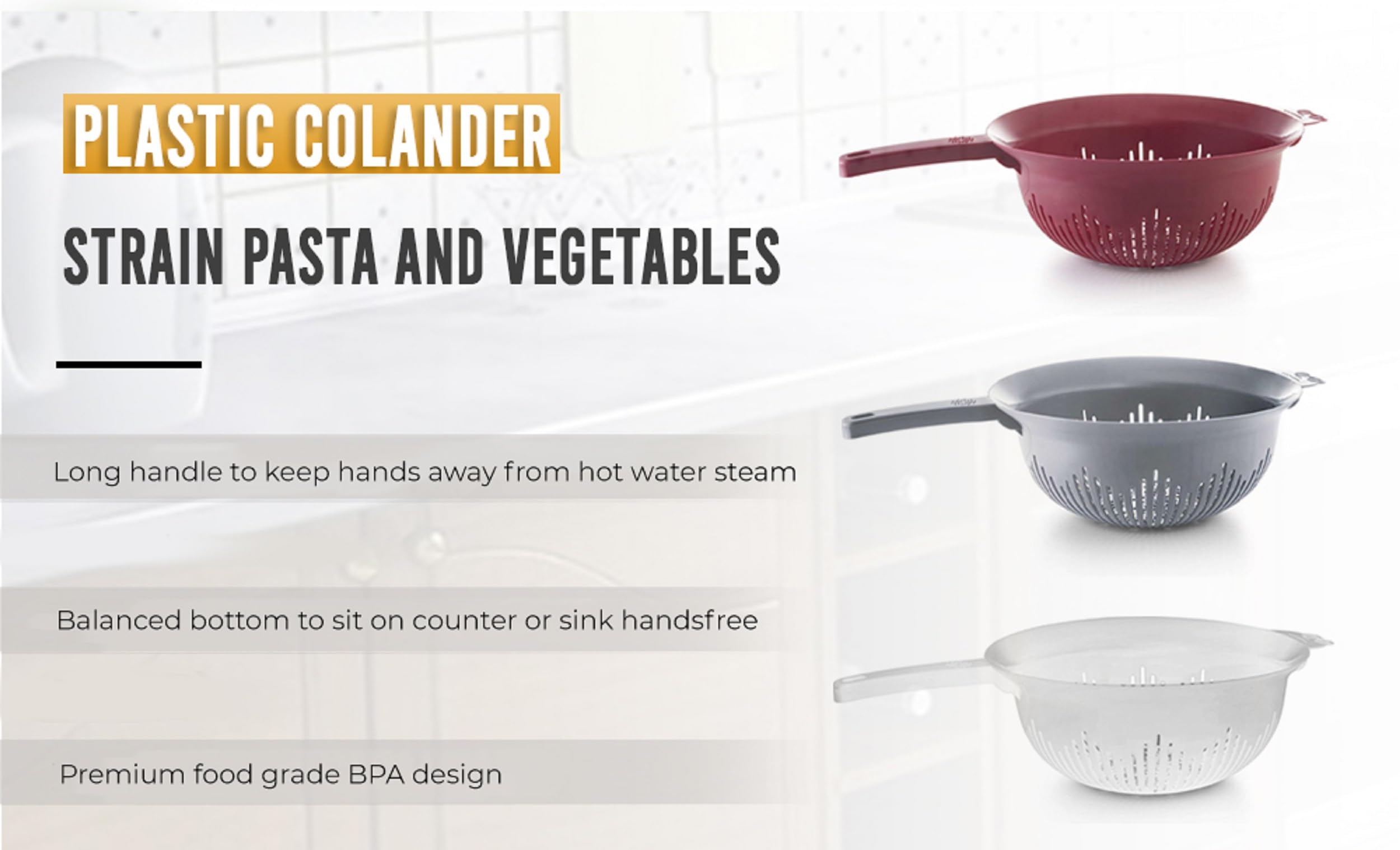 Ybm Home 9.75 Inch Plastic Strainer Colander With Long Handle - Made Of Food Safe Bpa-Free Plastic - Use For Pasta, Noodles, Spa
