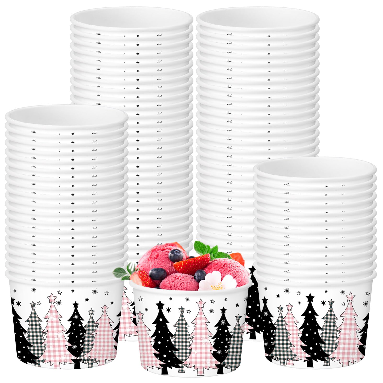 Funnymoom 50 Pack Christmas Tree Treat Snack Cups Pink Gingham Buffalo Plaid Paper Ice Cream Cups 9 oz Xmas Tree Disposable Dess