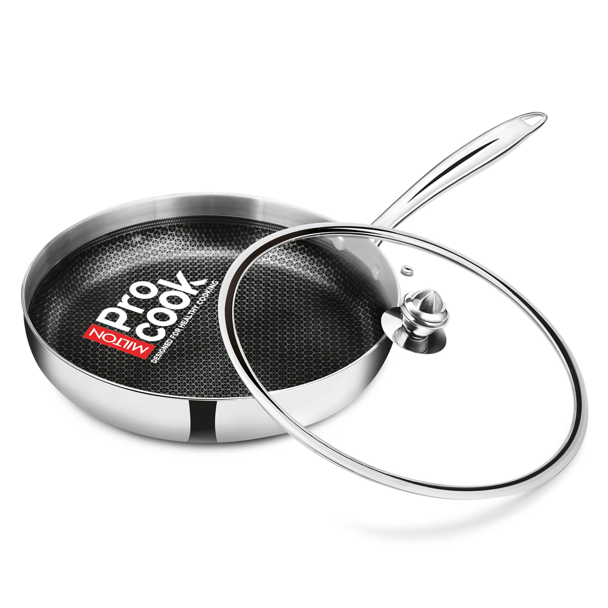 Milton Pro Cook Induction Cookware & Gas Stove Friendly Triply Hexa Tech Stainless Steel Frying Pan With Glass Lid 26 Cm, 2L | H