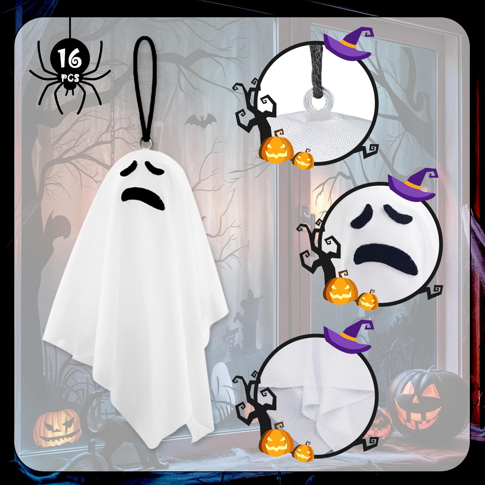 X-Kingsun 16 Pack Halloween Small Ghost Ornaments for Tree 8.27Inch White Ghosts Hanging for Front Yard Porch Patio Lawn Garden