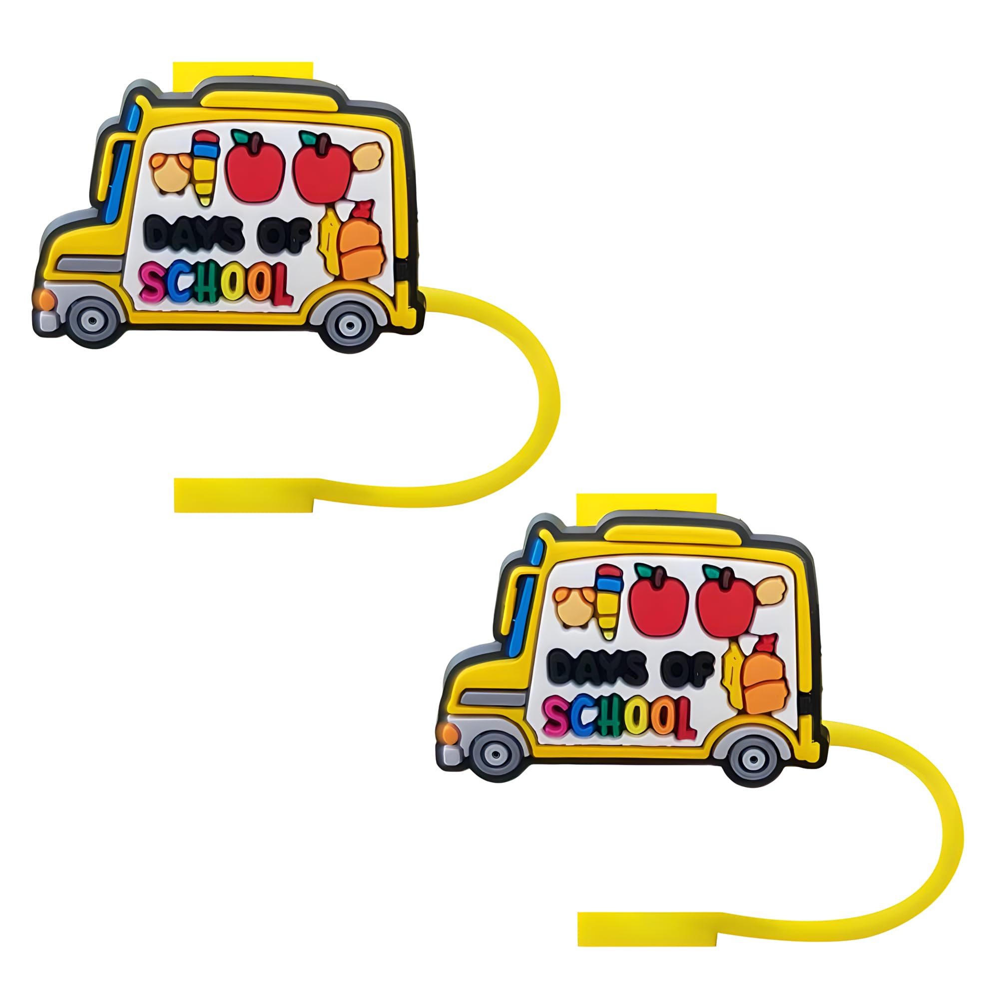 Stracoupi Bus Back To School Silicone Straw Covers For Stanley Cup, Reusable, Cute Straw Toppers Accessories For Tumblers, 2Pcs