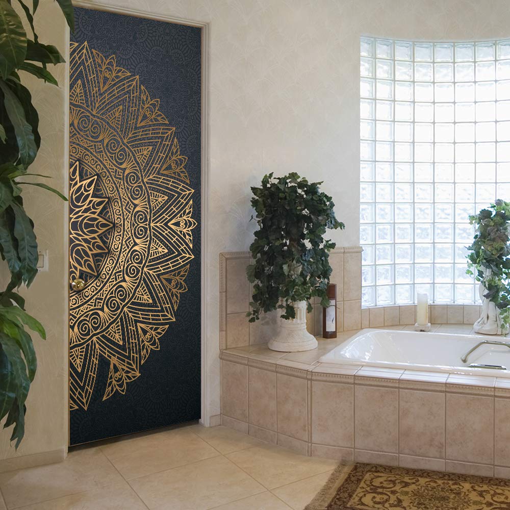 Vintage Art Self Stick Vinyl Door Mural Sticker, Peel And Stick Removable Refrigerator Wrap Decal, Noble Mandala, 32.3X78.7, 2 P