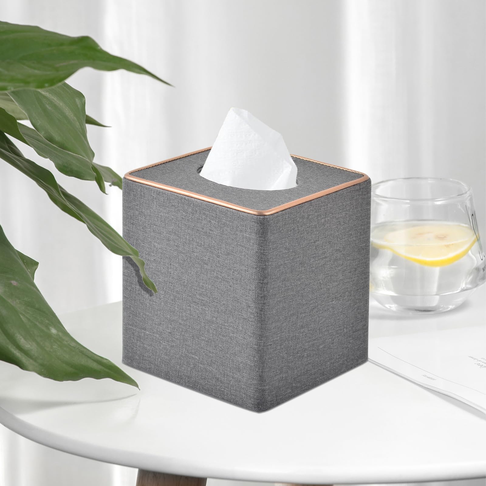 Rhcsz Linen Square Tissue Box Holder Cube Tissue Box Cover-Rosegold Leather Recorate,Napkin Holder Case Dispenser, Tissue Holder