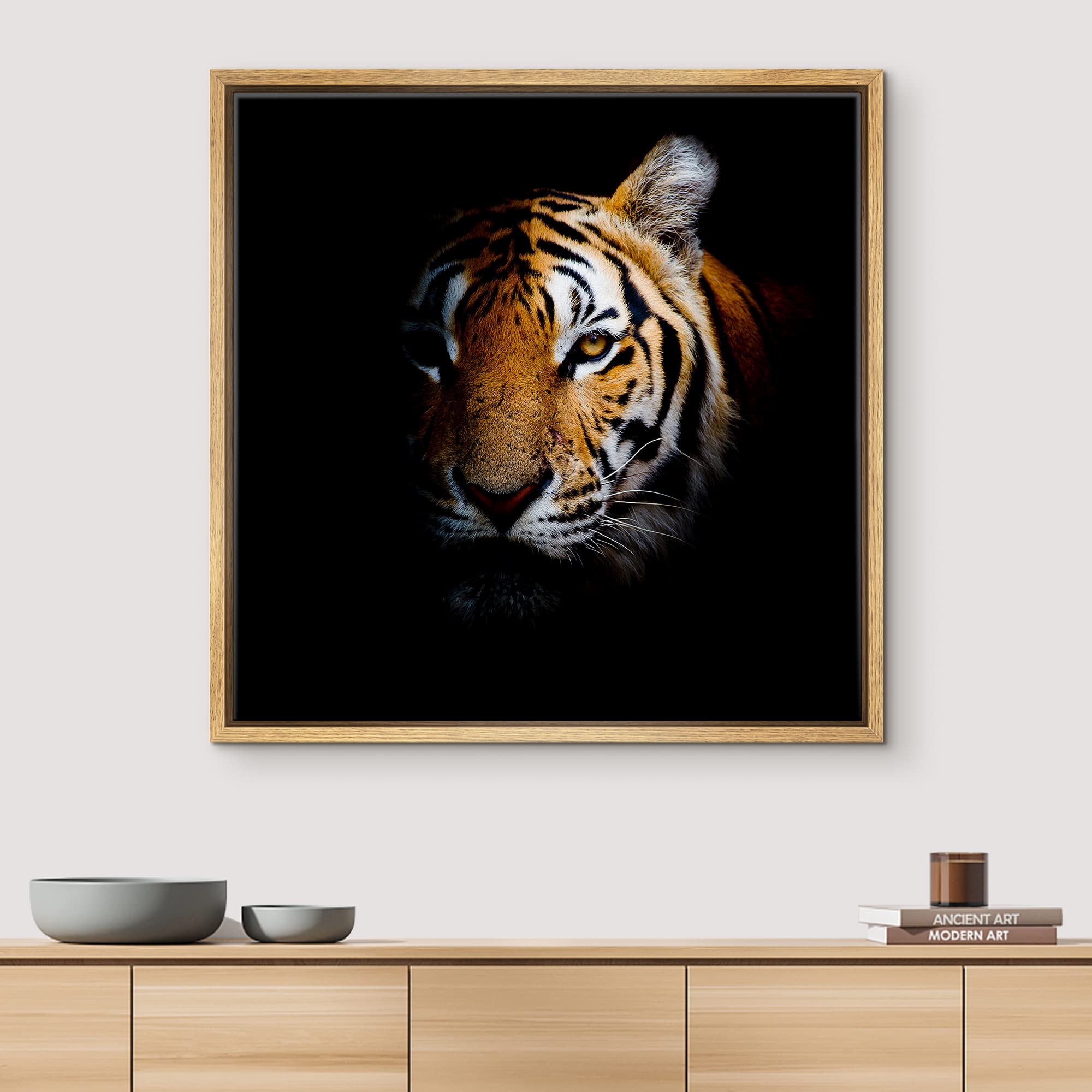 Framed Canvas Prints Wall Art - Tiger Head In Dark | Modern Home Deoration/Wall Art Giclee Printing Wrapped Framed Canvas Art Re