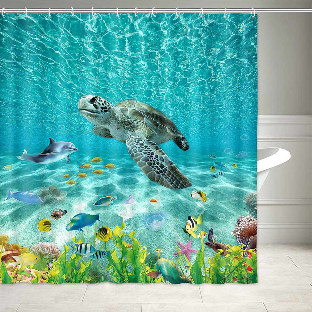 Dynh Sea Turtle Shower Curtain, Under The Sea Ocean Animals Shower Curtain Underwater Tortoise Seaweed Fish Shower Curtain, Sea