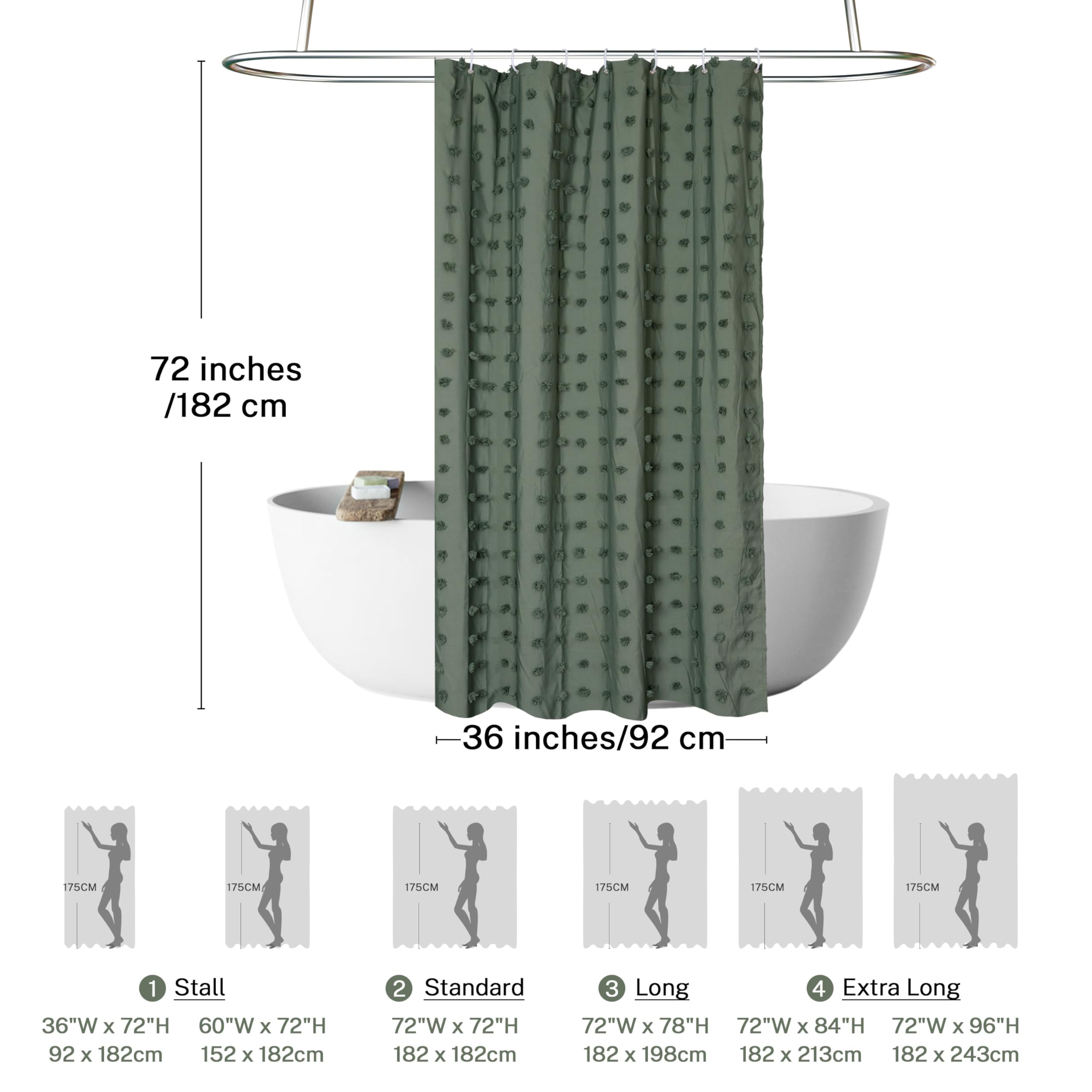 Siiluminisoy Small Stall Green Boho Shower Curtain Woven Fabric Cute Shower Curtain, 36 X 72 Tufted Pleat Floral Textured Modern